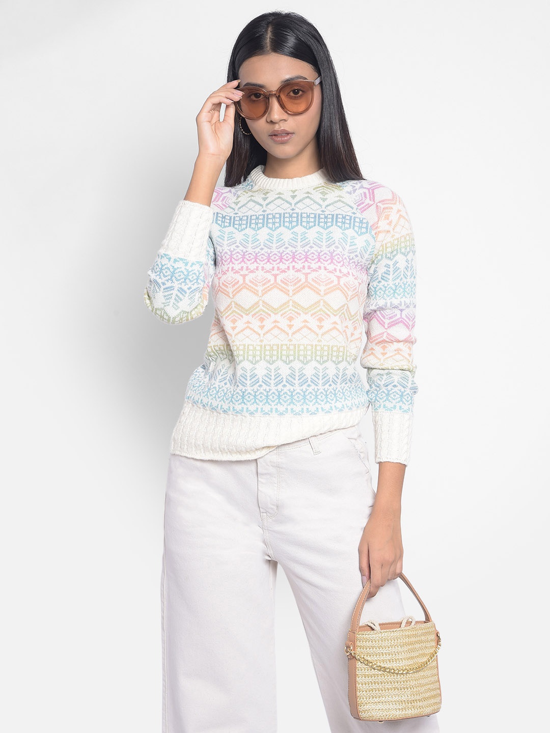 

Crimsoune Club Ethnic Motifs Printed Round Neck Pullover, White
