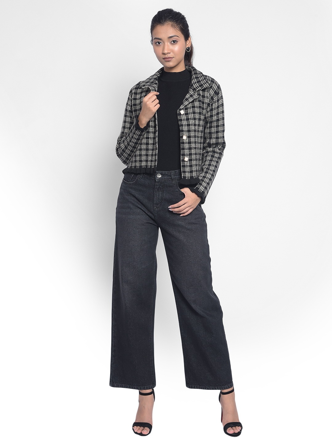 

Crimsoune Club Checked Lapel Collar Crop Cardigan, Black