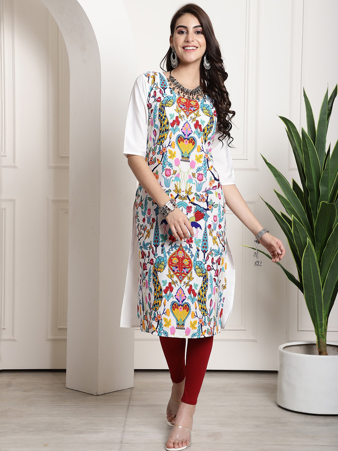 

7Threads Ethnic Motifs Printed Straight Kurta, White
