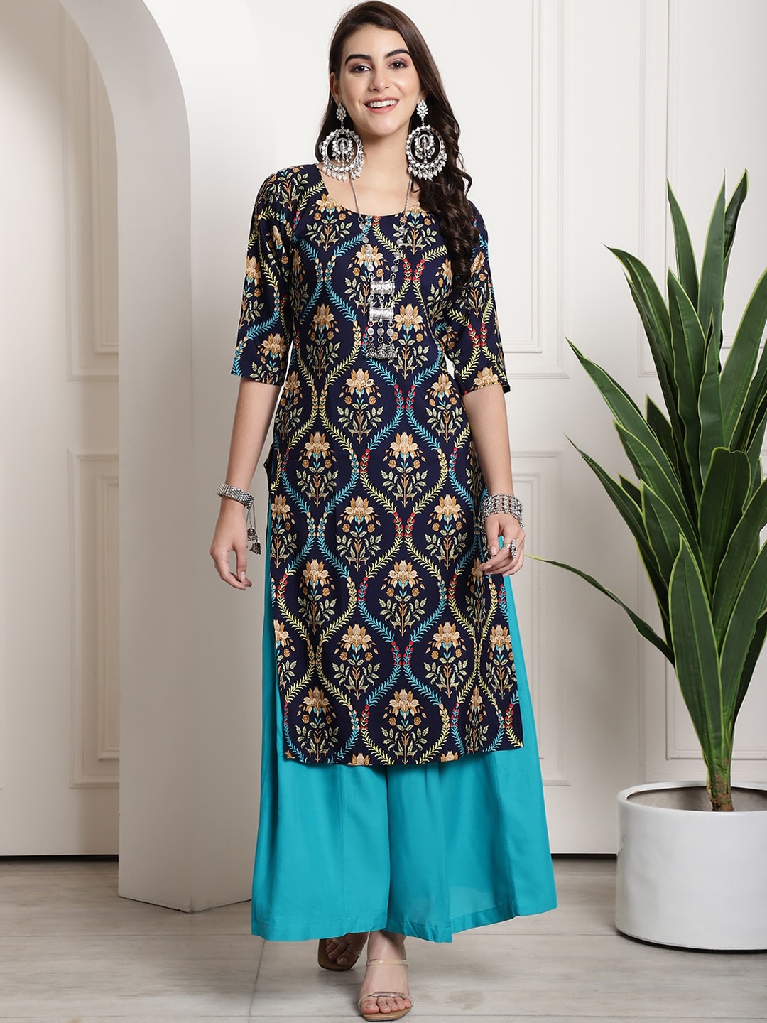 

7Threads Ethnic Motifs Printed Straight Kurta, Navy blue