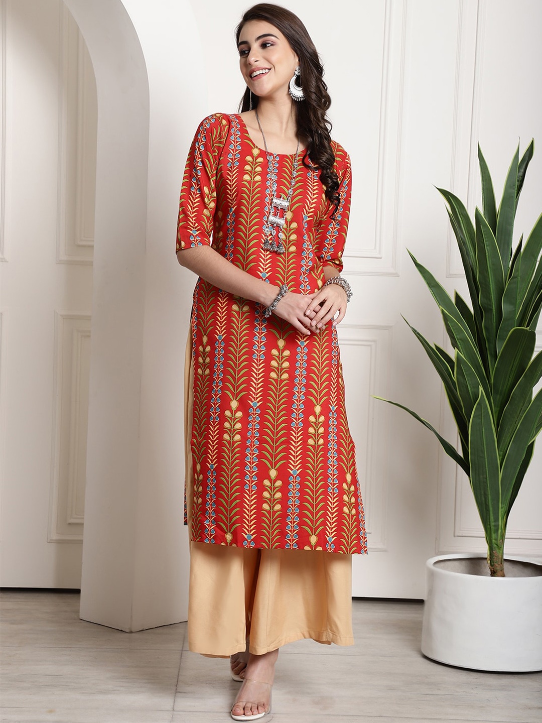 

7Threads Floral Printed Straight Kurta, Red