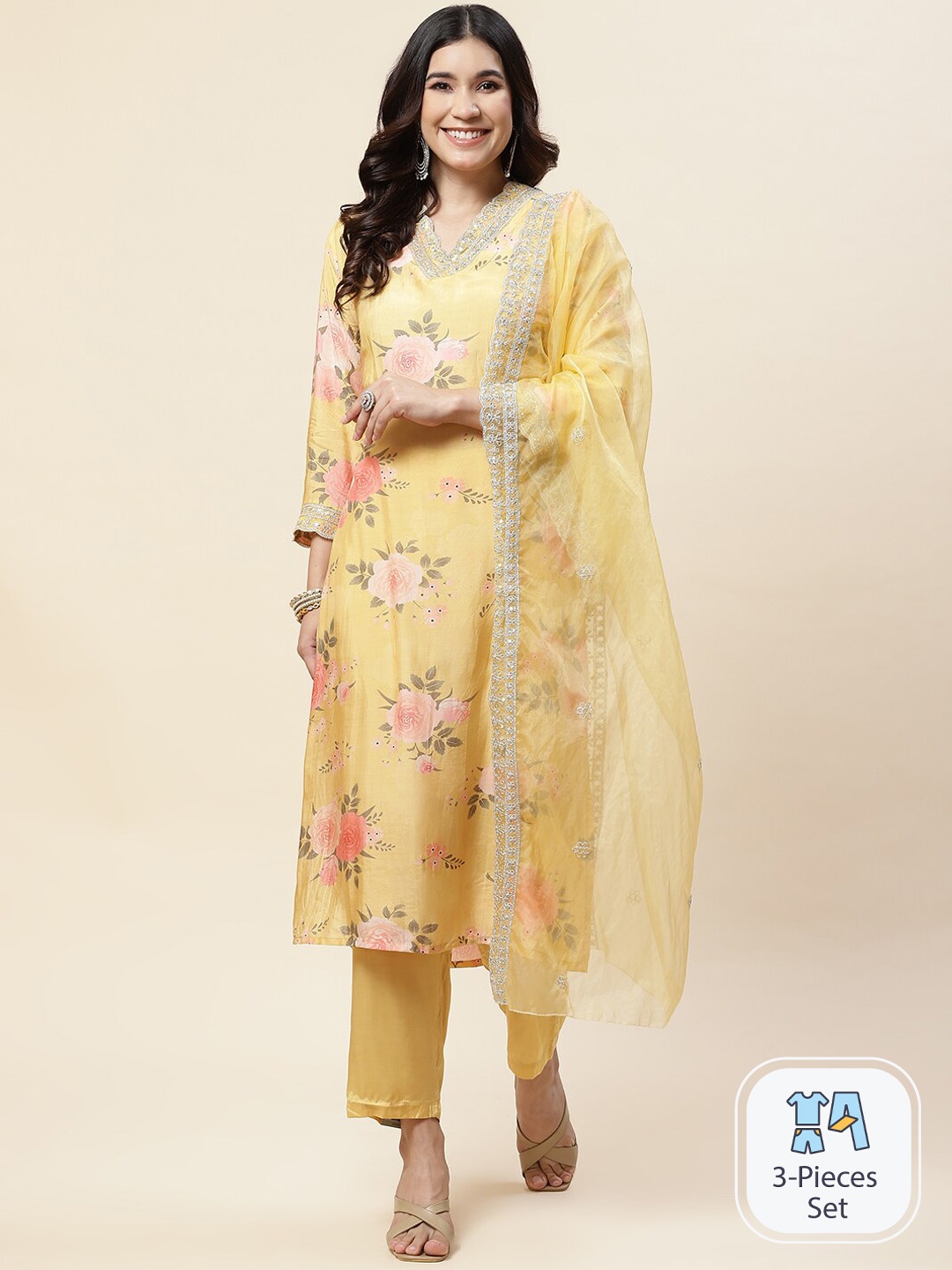 

Meena Bazaar Floral Printed Thread Work Straight Kurta With Trousers & Dupatta, Mustard