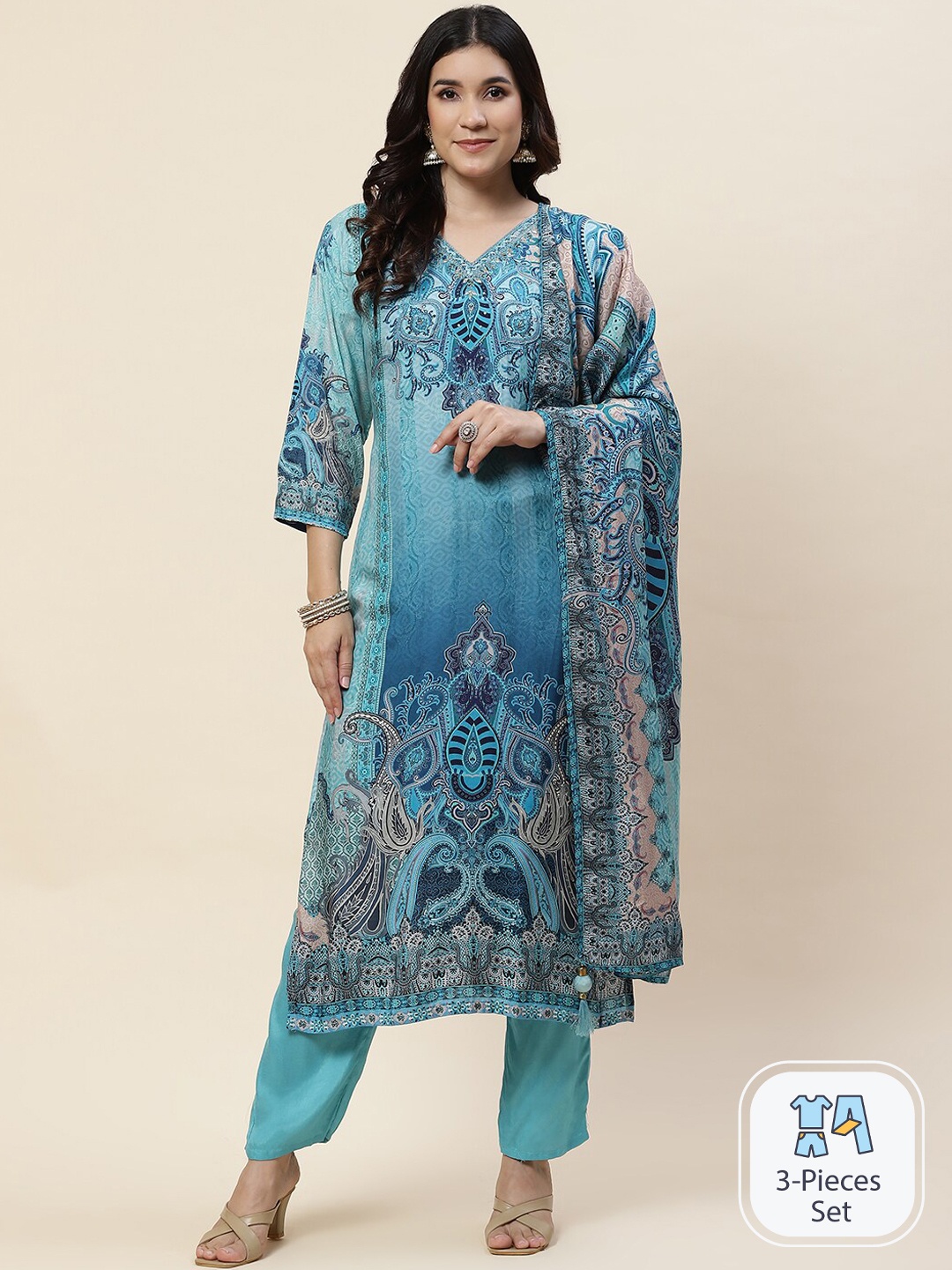 

Meena Bazaar Ethnic Motifs Printed Straight Kurta With Trousers & Dupatta, Blue