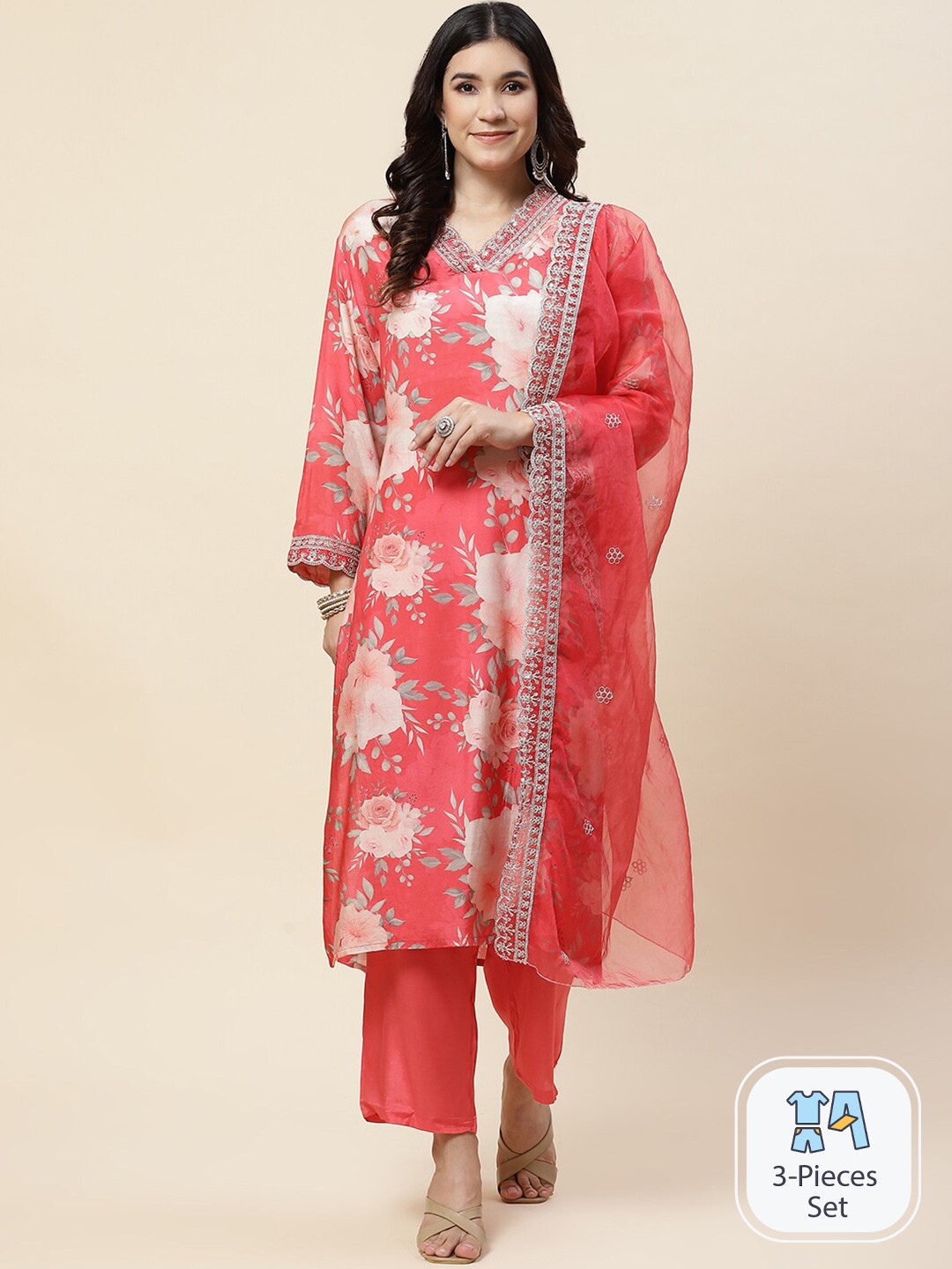 

Meena Bazaar Floral Printed Regular Gotta Patti Kurta with Trousers & Dupatta, Red