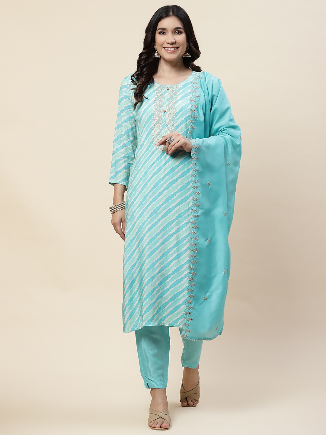 

Meena Bazaar Leheriya Printed Regular Sequinned Kurta With Trousers & Dupatta, Blue