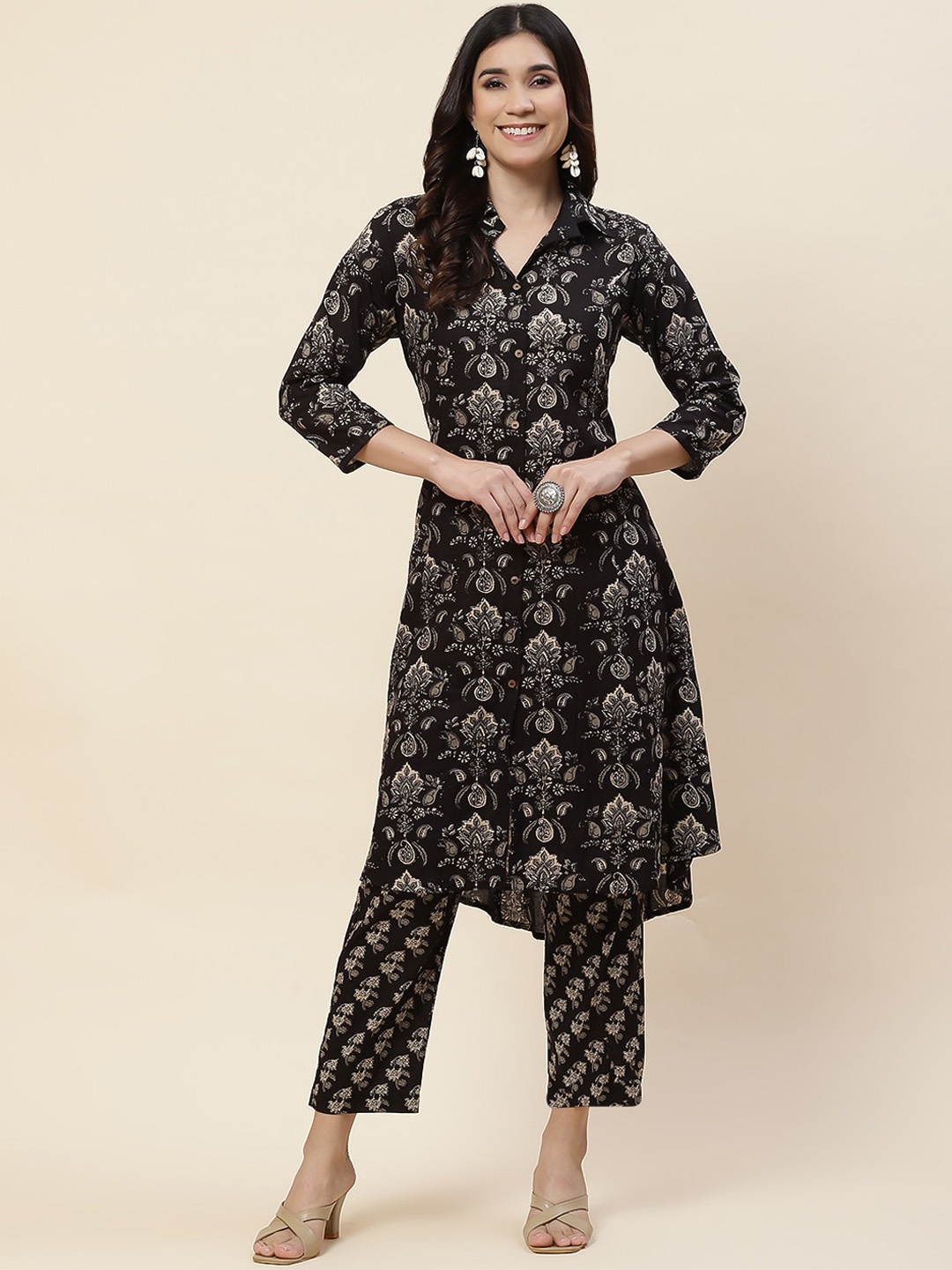 

Meena Bazaar Ethnic Motifs Printed Regular Kurta with Trousers, Black