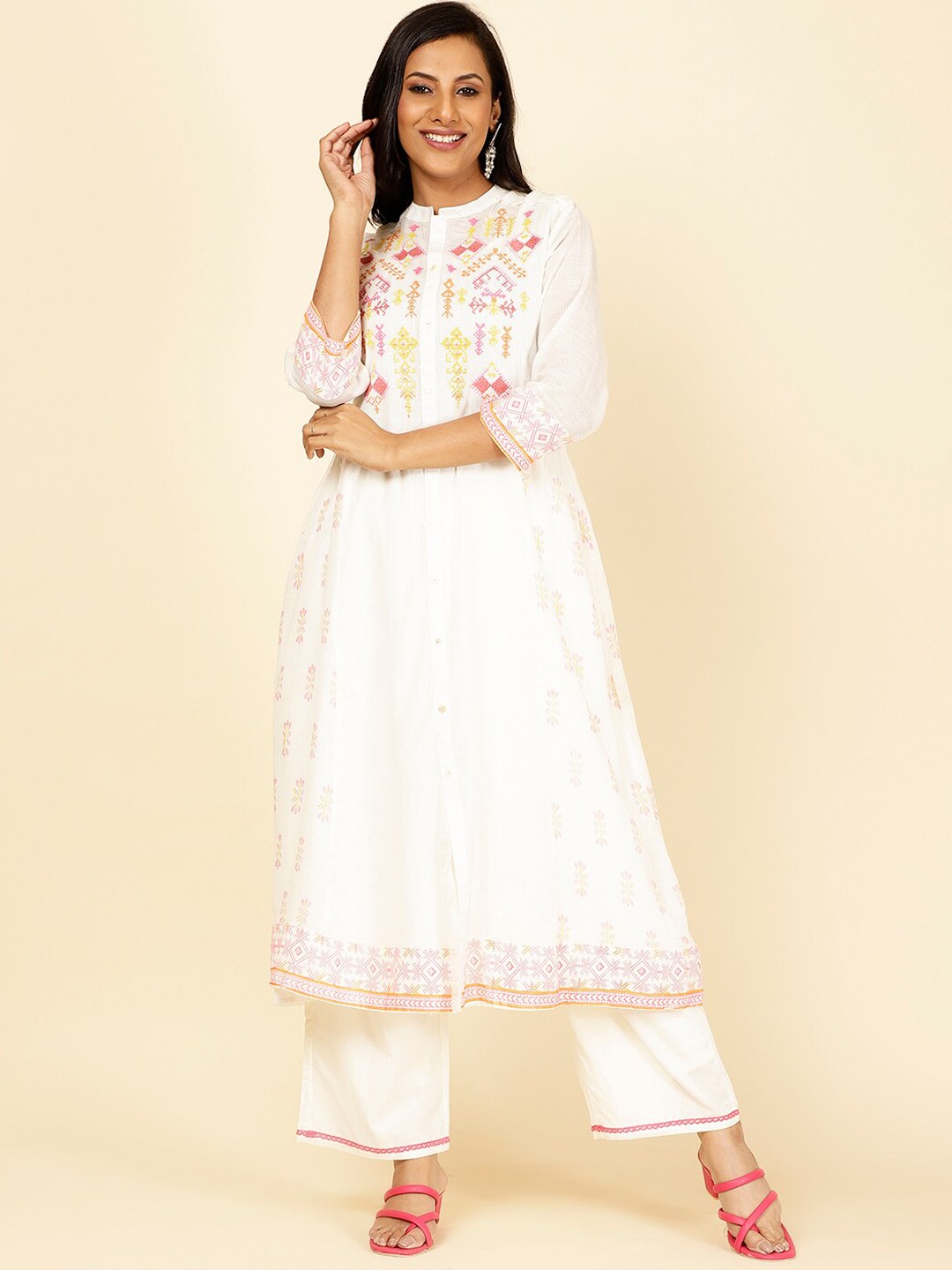 

Meena Bazaar Ethnic Motifs Embroidered A-Line Thread Work Kurta With Trousers, Cream