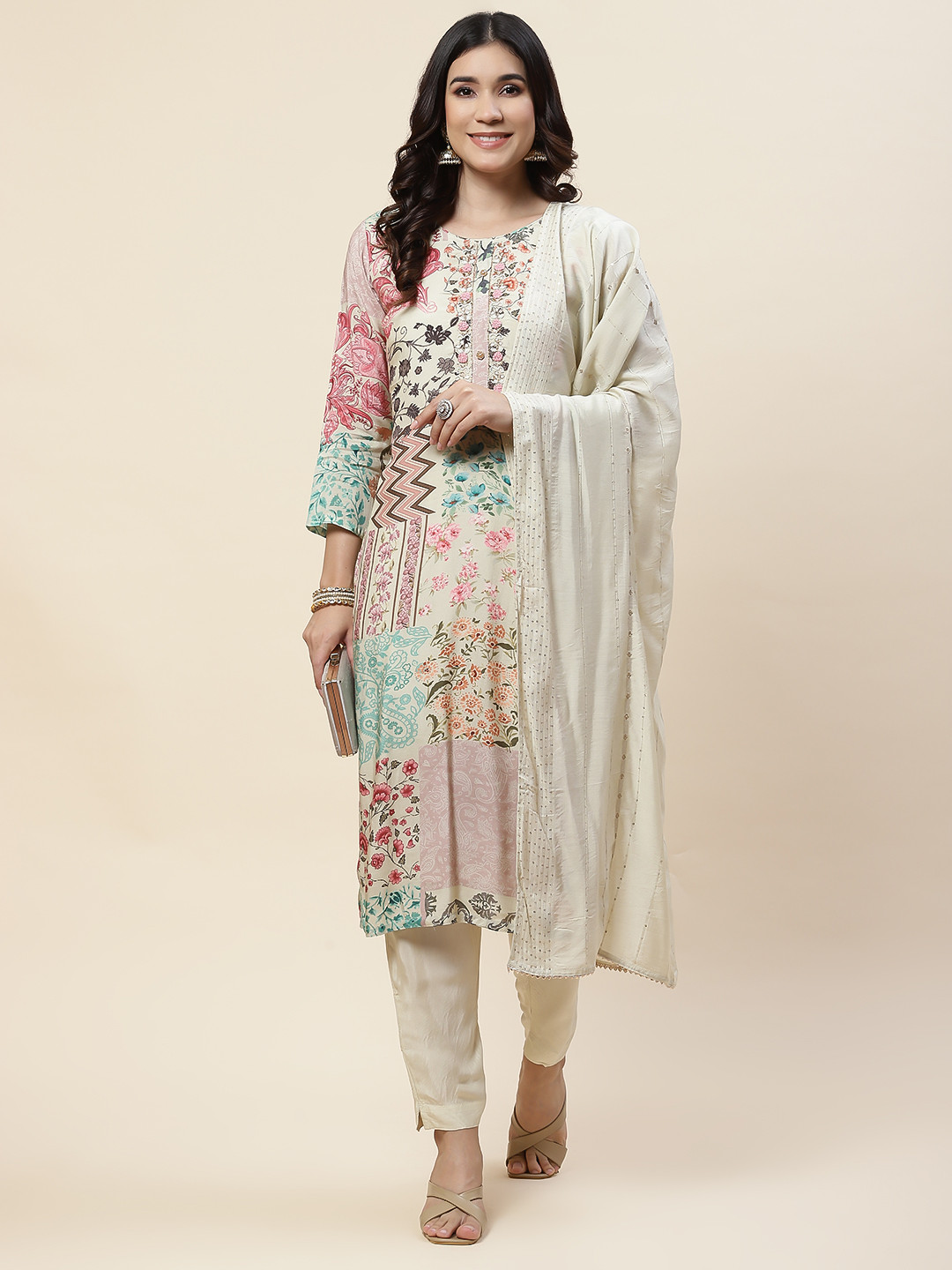 

Meena Bazaar Floral Printed Regular Sequined Kurta with Trousers & Dupatta, Green