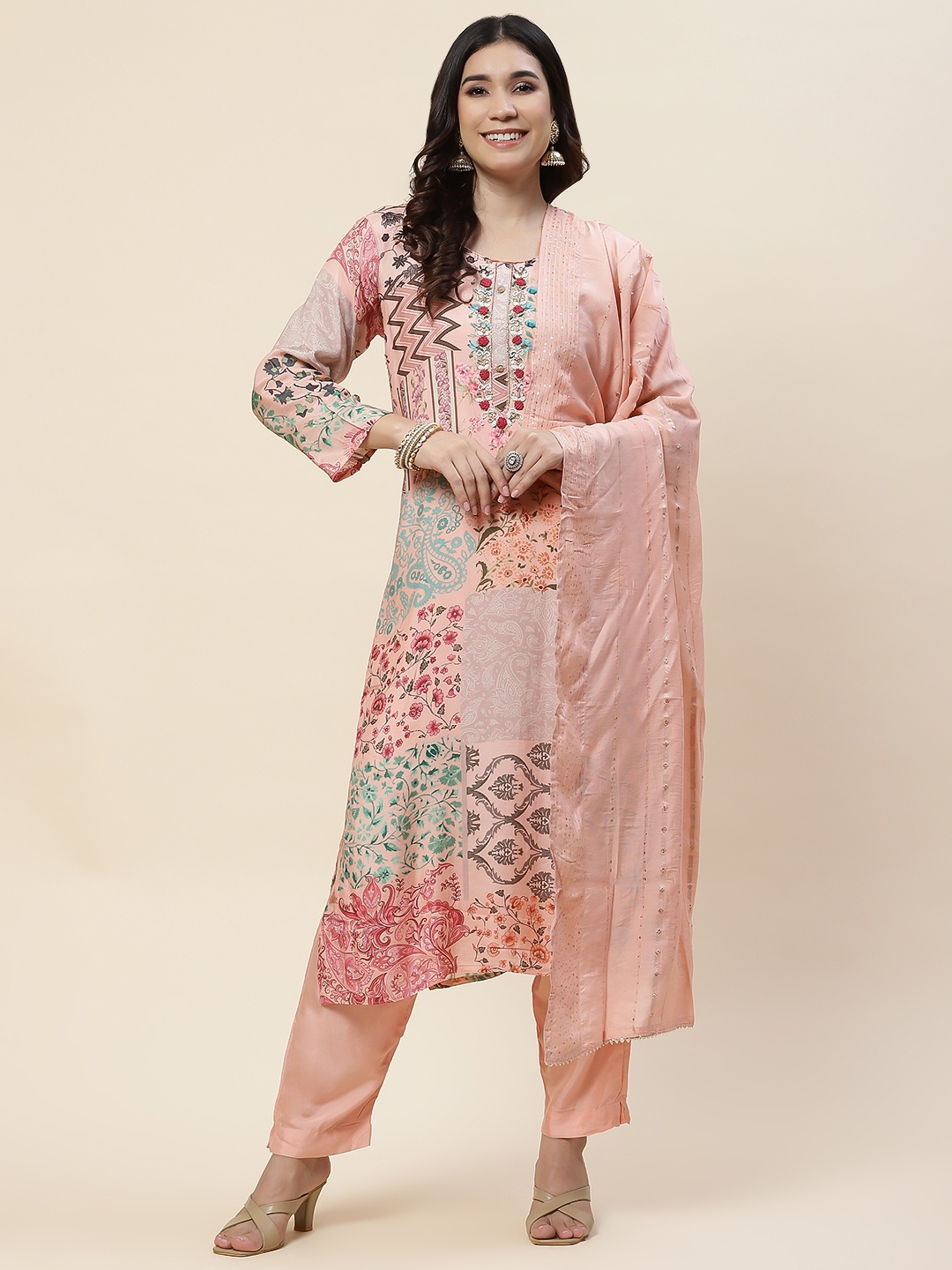 

Meena Bazaar Floral Printed Zardozi Kurta With Trousers & Dupatta, Pink