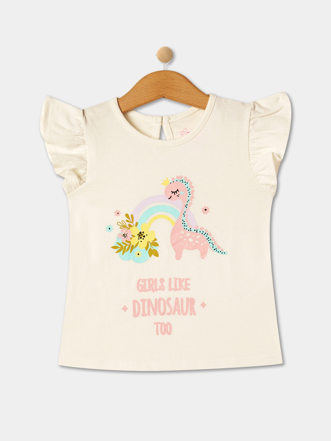 

R&B Girls Graphic Printed Cotton Flutter Sleeves Relaxed Fit T-shirt, White