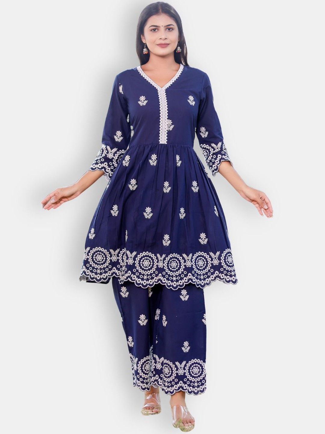 

VEDANA Floral Embroidered Pleated Thread Work Pure Cotton Top with Palazzos, Blue