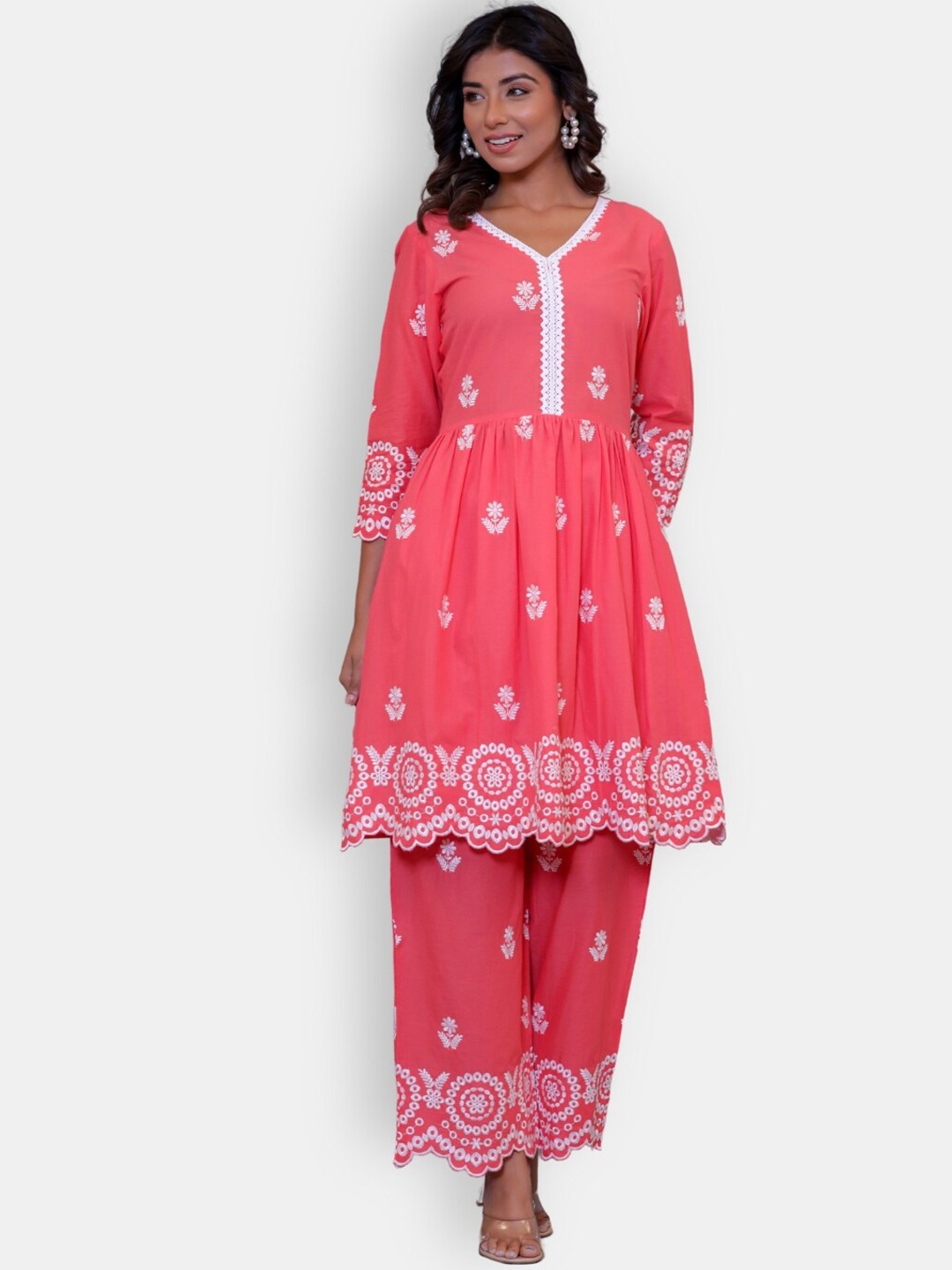 

VEDANA Floral Embroidered Pleated Thread Work Pure Cotton Top with Palazzos, Peach