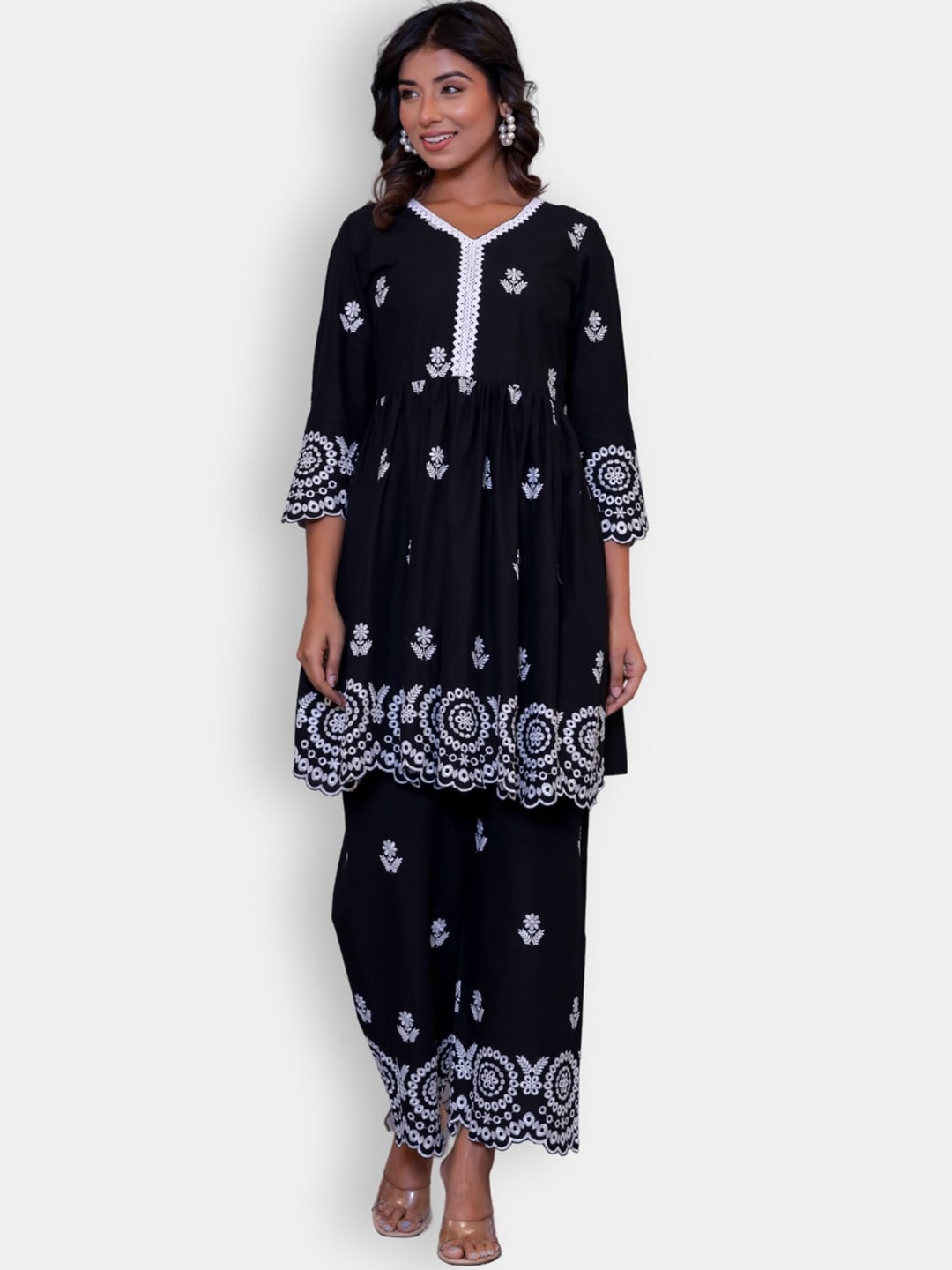 

VEDANA Floral Embroidered Pleated Thread Work Pure Cotton Top with Palazzos, Black