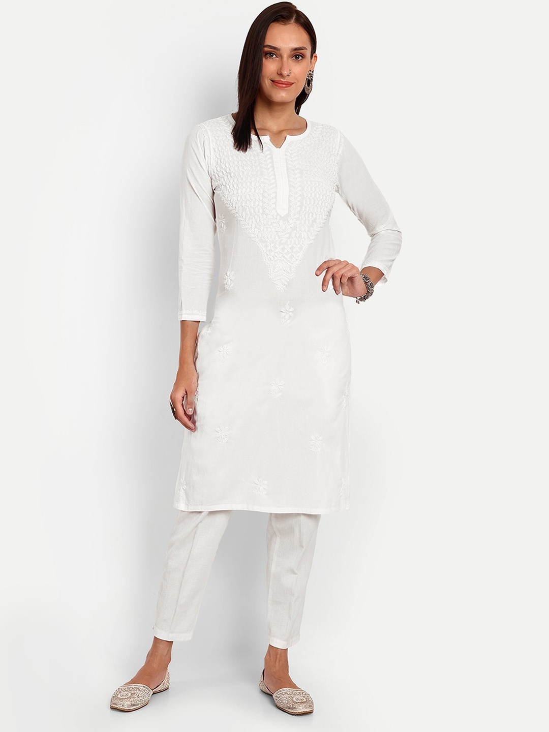 

ADA Floral Embroidered Chikankari Kurta, White