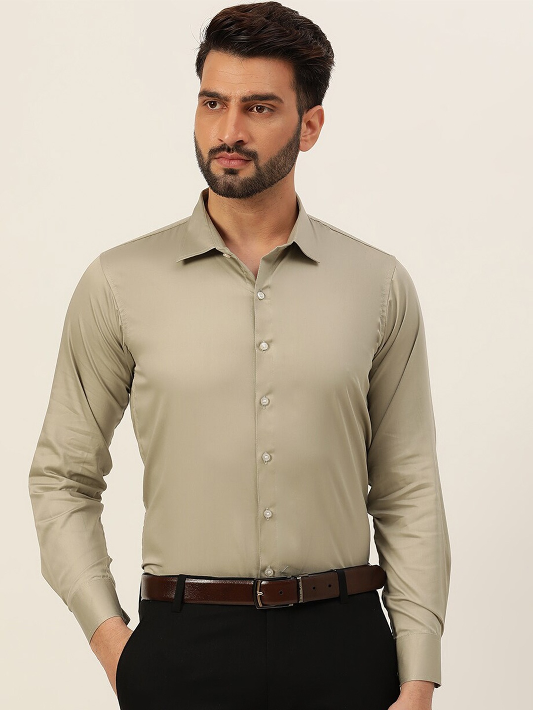 

JAVINISHKA India Slim Spread Collar Pure Cotton Slim Fit Formal Shirt, Beige