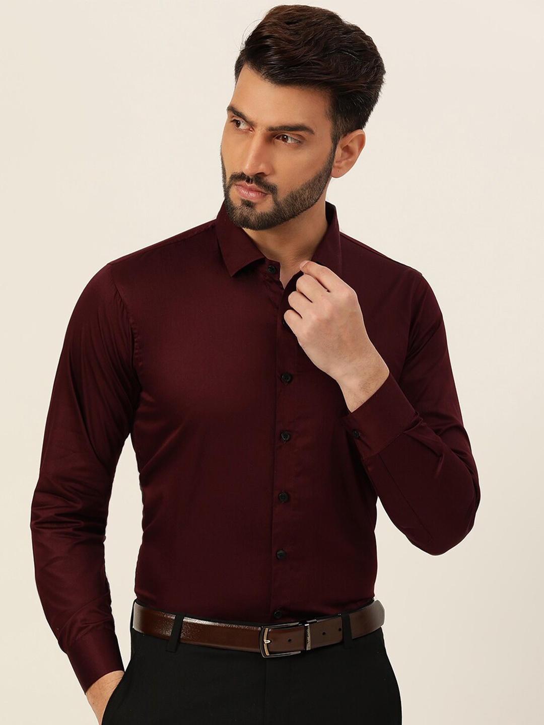 

JAVINISHKA India Slim Spread Collar Pure Cotton Slim Fit Formal Shirt, Maroon