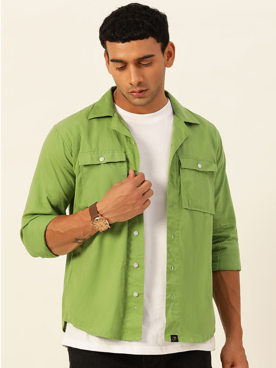 

JAVINISHKA Unisex India Slim Regular Fit Overshirt Spread Collar Pure Cotton Casual Shirt, Green