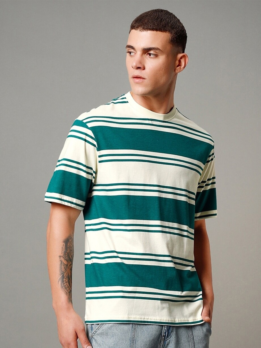 

Bewakoof Oversized Striped Pure Cotton T-shirt, White