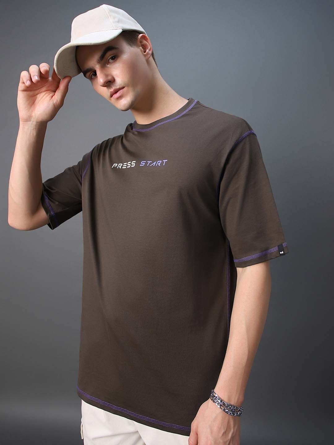 

Bewakoof Press Start Typography Print Oversized T-shirt, Brown