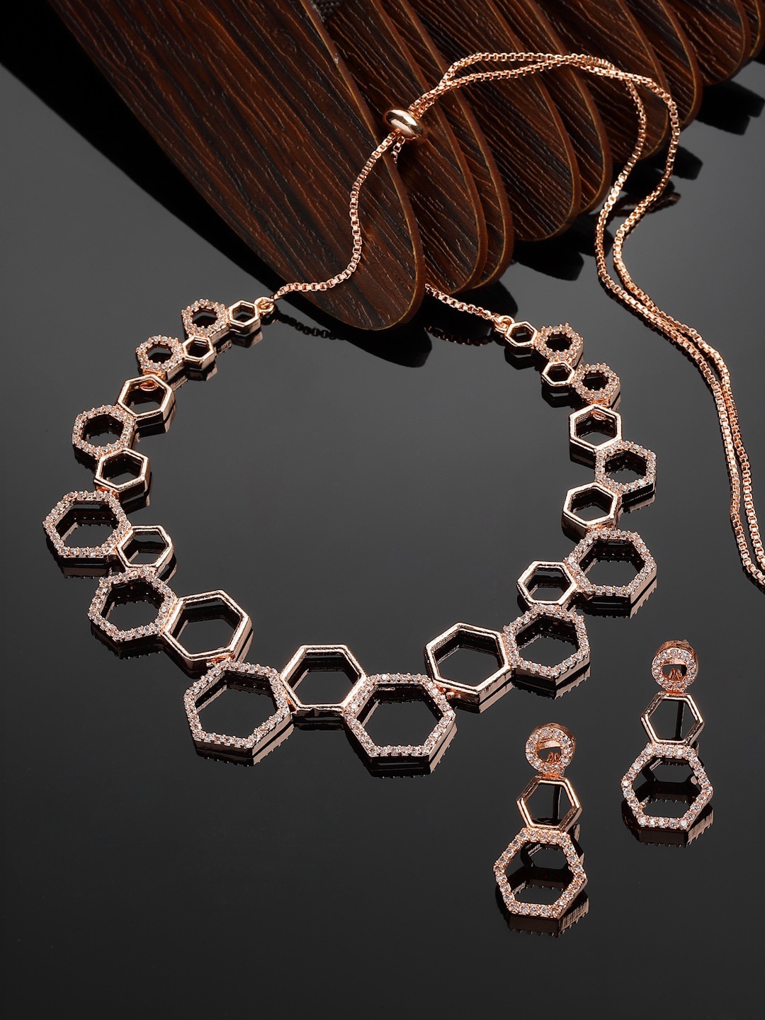 

ZENEME Rose Gold-Plated AD-Studded Necklace and Earrings