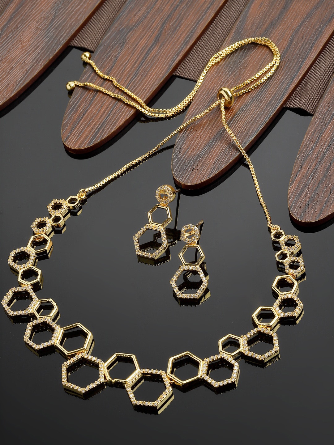 

ZENEME Gold-Plated American Diamond Studded Jewellery Set