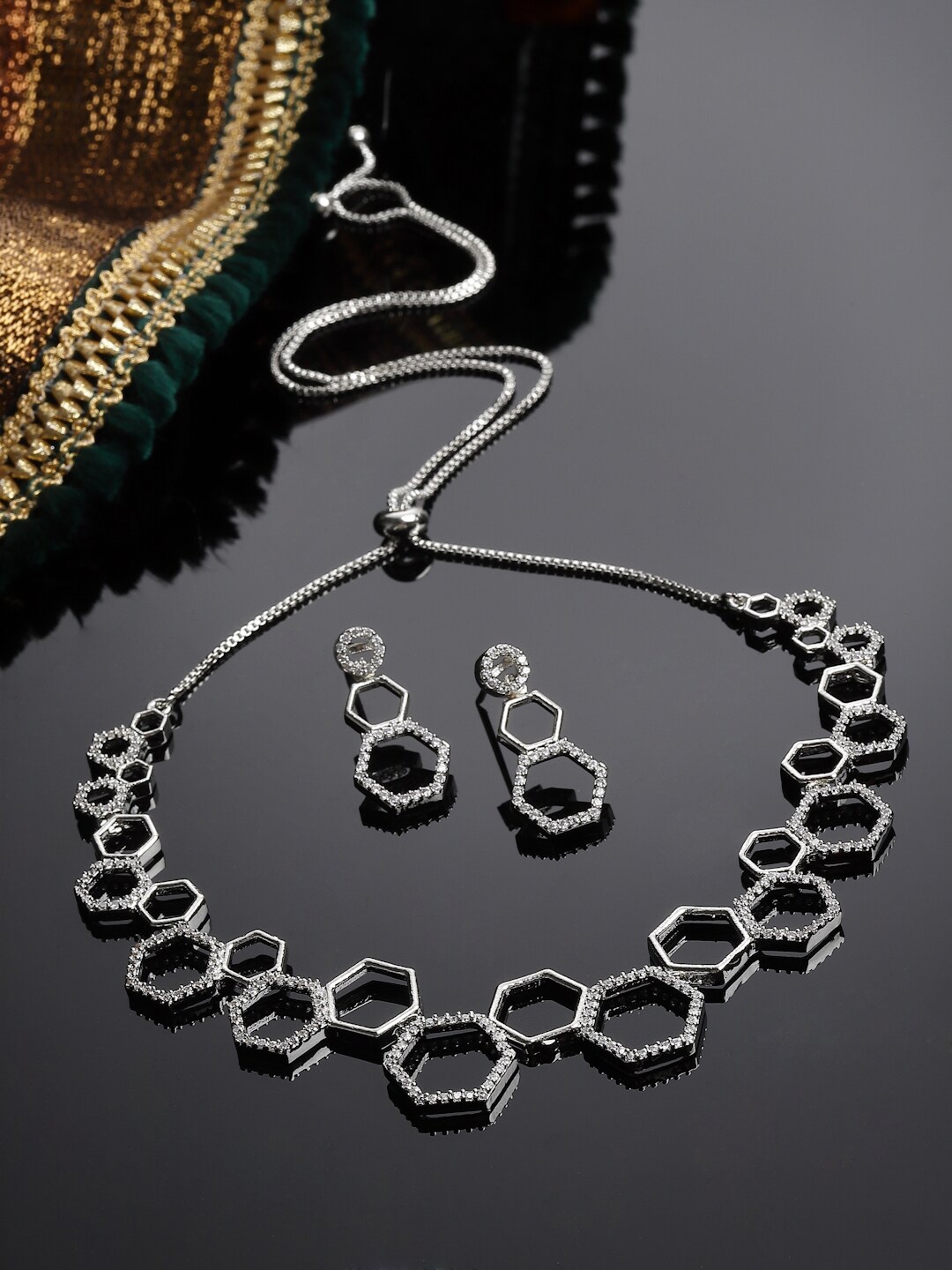 

ZENEME Rhodium-Plated American Diamond-Studded Jewellery Set, Silver