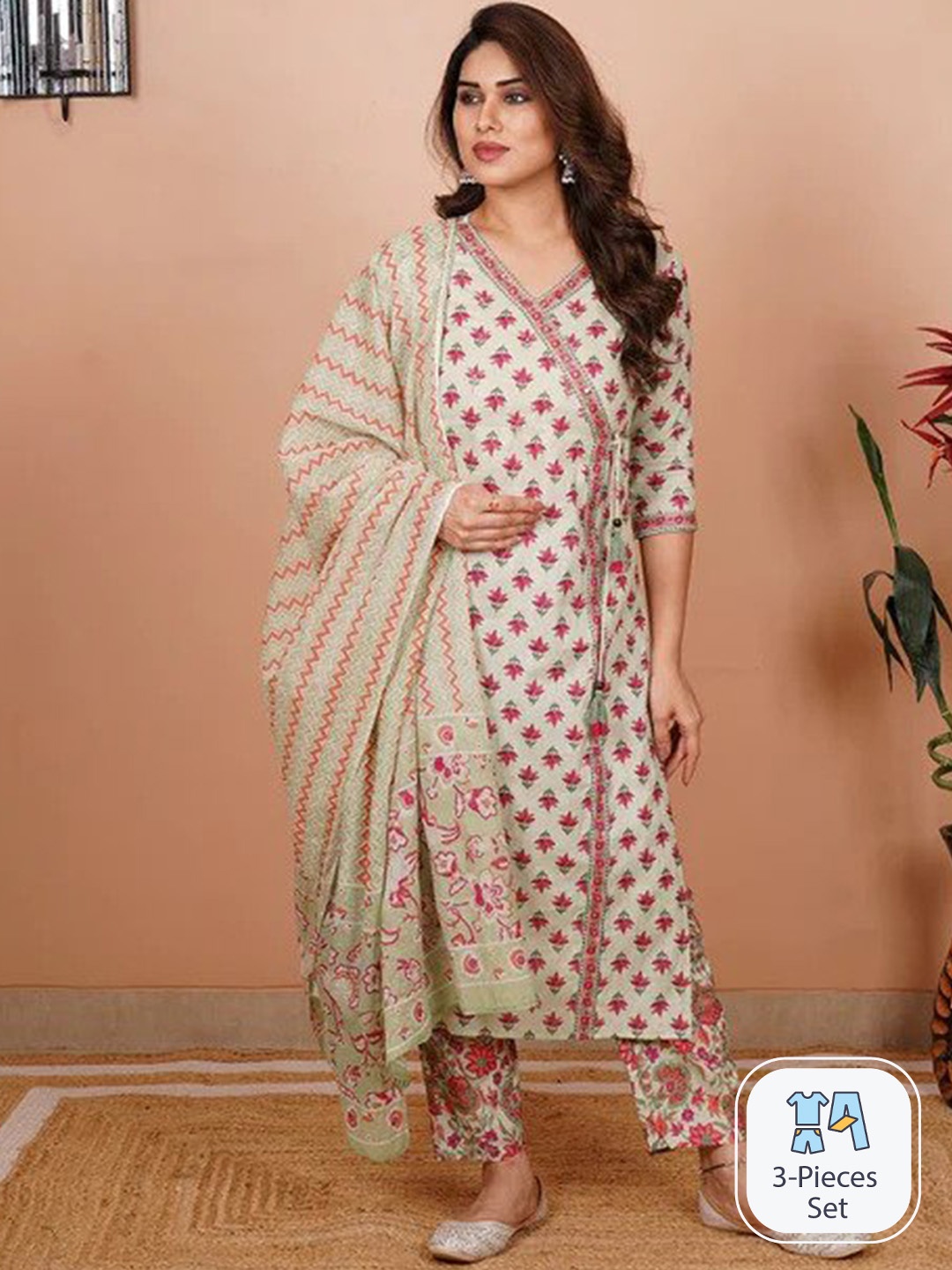 

KALINI Floral Printed Angrakha Pure Cotton Kurta with Trousers & Dupatta, Cream
