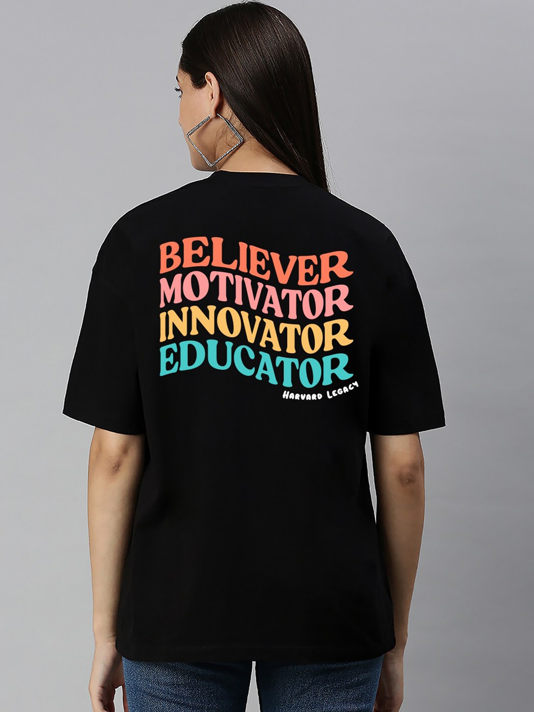 

Harvard Typography Round Neck Drop-Shoulder Sleeves Oversized Cotton T-Shirt, Black