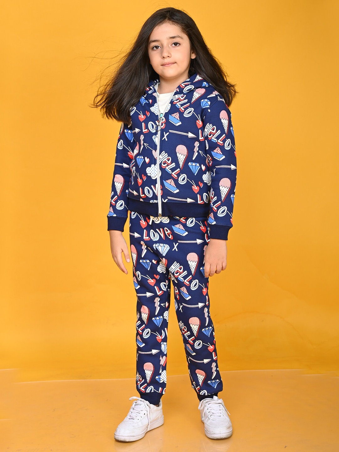 

Anthrilo Girls Printed Hooded T-shirt with Trousers, Navy blue