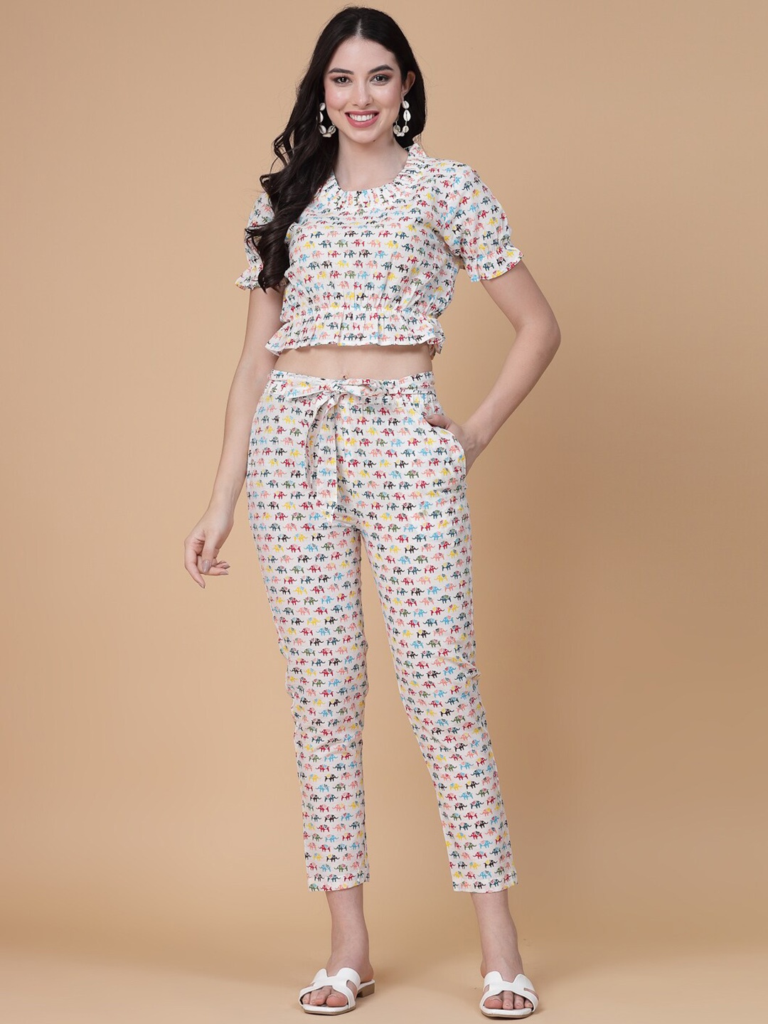 

God Bless Animal Printed Crop Top & Trousers, White