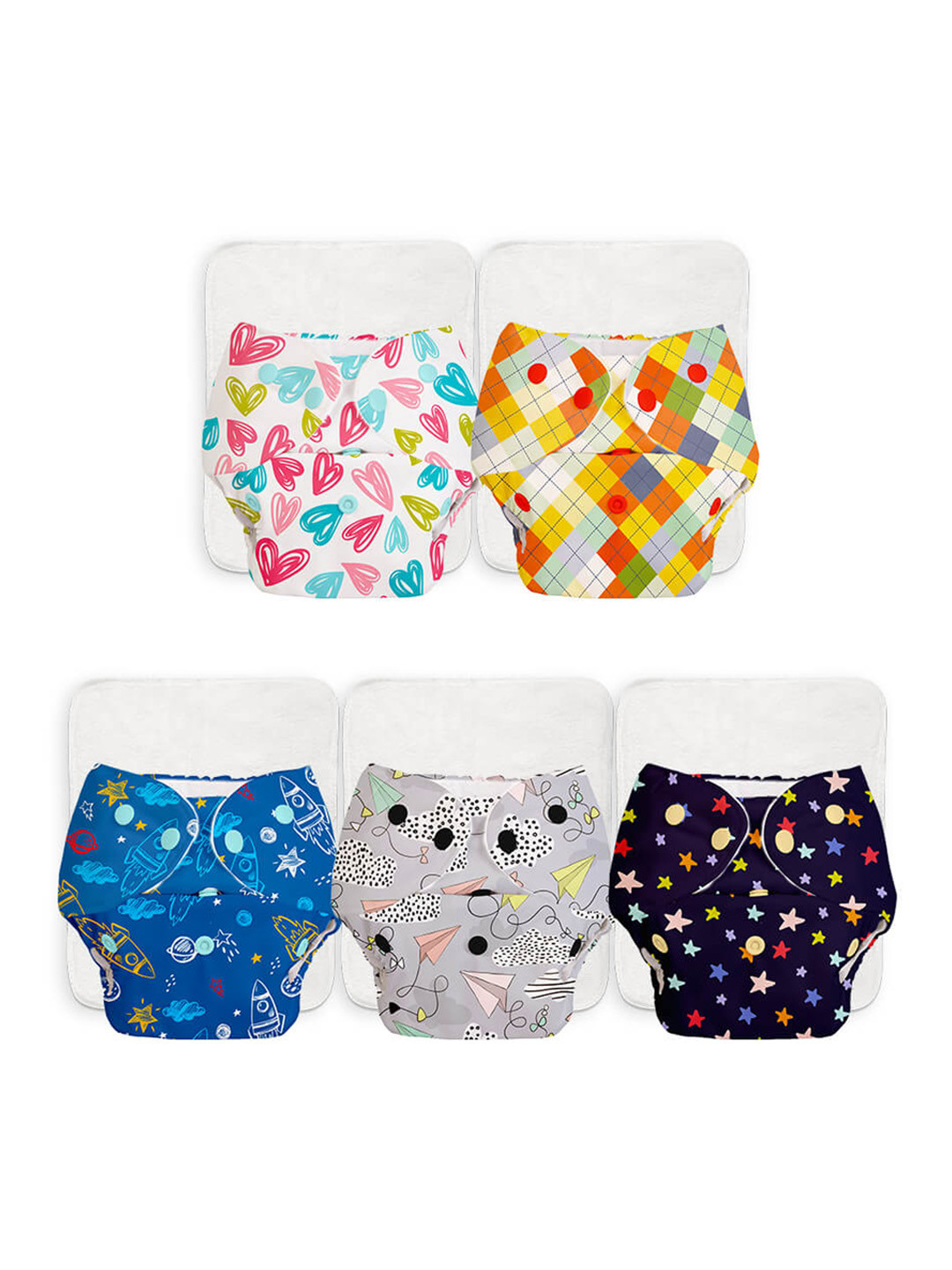 

SuperBottoms Kids Pack of 5 BASIC Reusable Cloth Diapers with EasySnap & QuickDry Pad, Multi