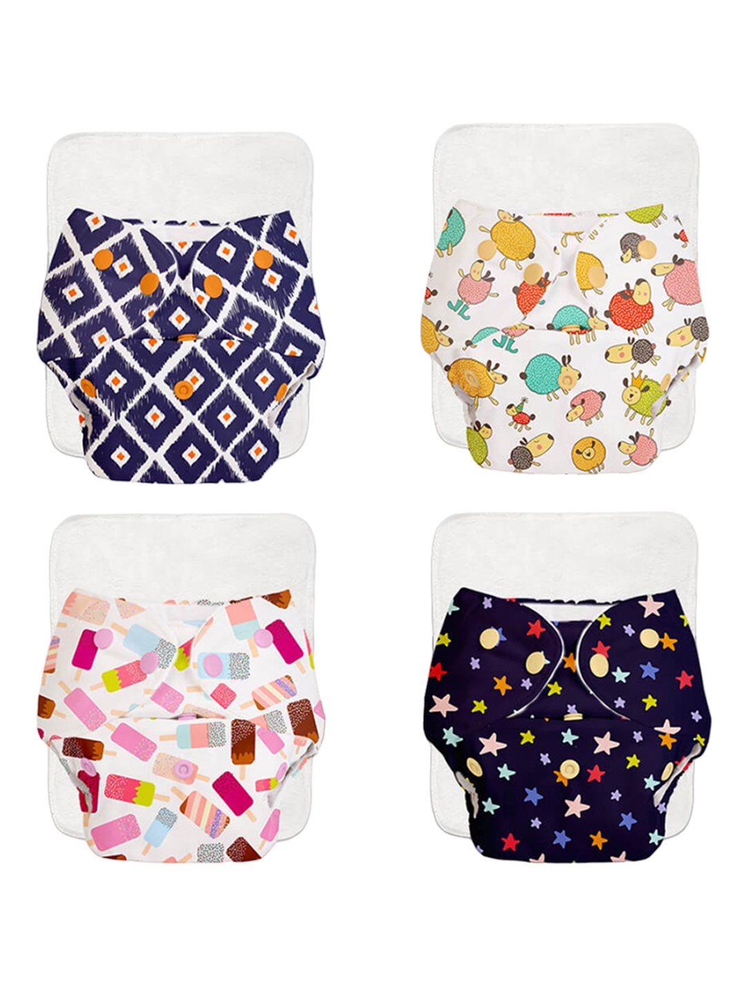 

SuperBottoms Kids Pack of 4 BASIC Reusable Cloth Diapers with EasySnap & QuickDry Pad, Multi