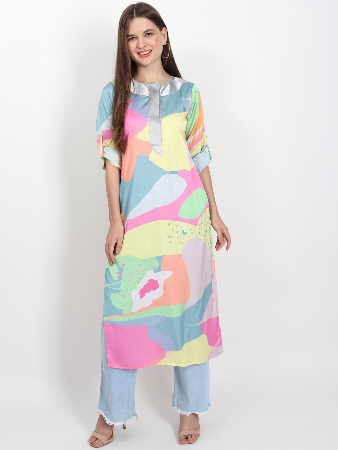 

ISAM Abstract Printed Round Neck Roll-Up Sleeves Pastels Straight Kurta, Yellow