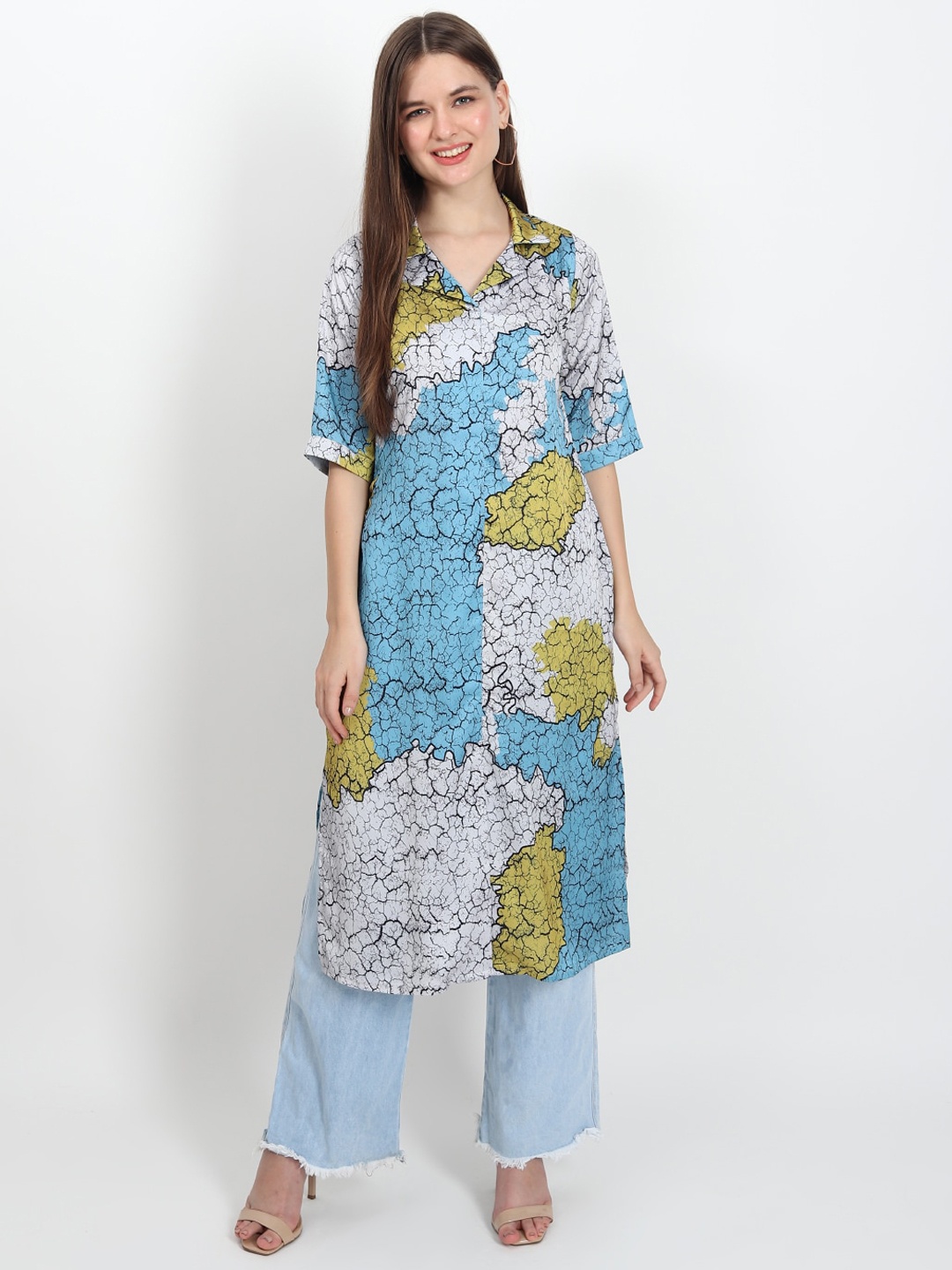 

ISAM Abstract Printed Cuban Collar Silk Straight Kurta, Grey