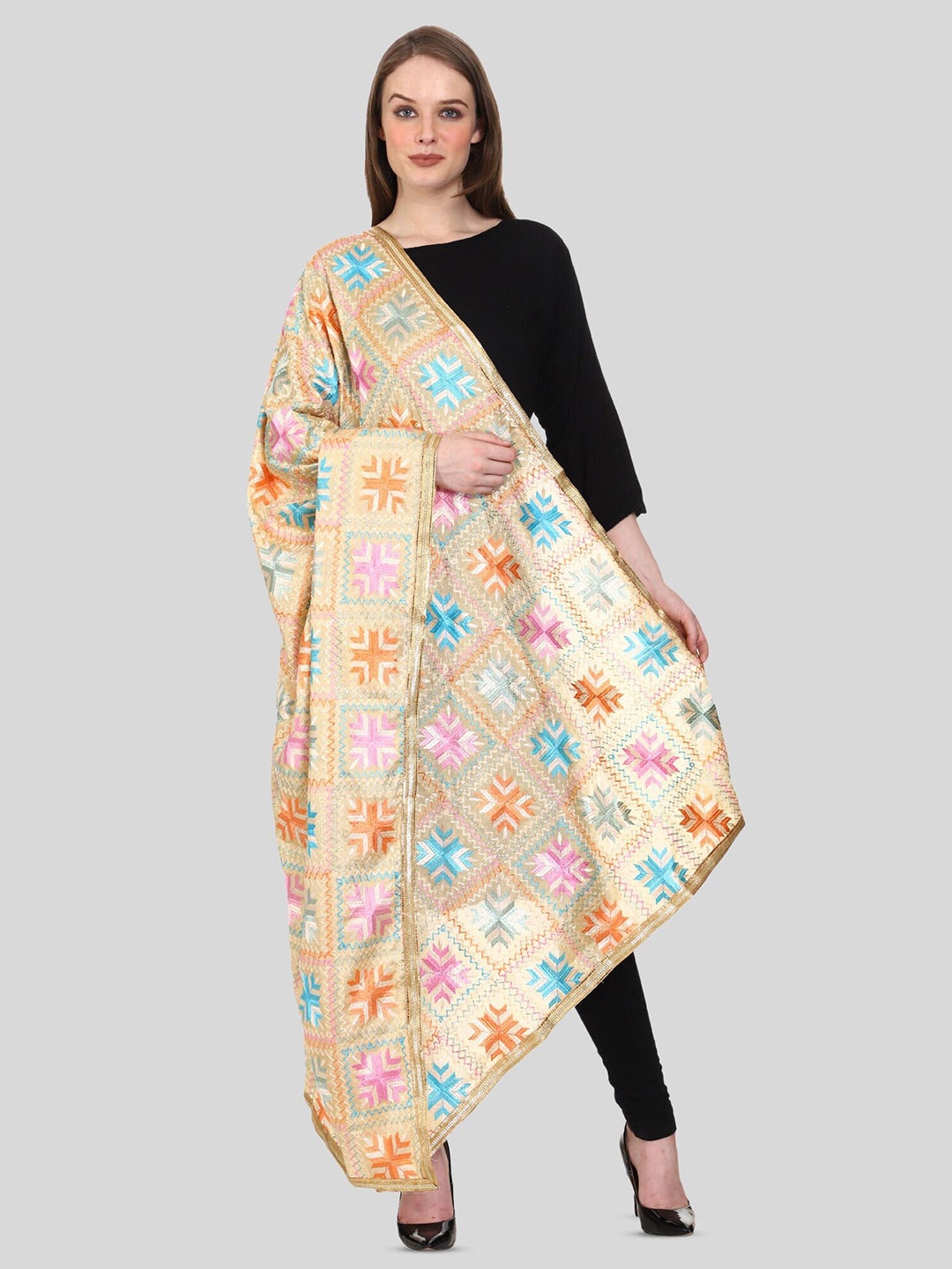 SWI Stylish Ethnic Motifs Embroidered Phulkari Dupatta, Beige