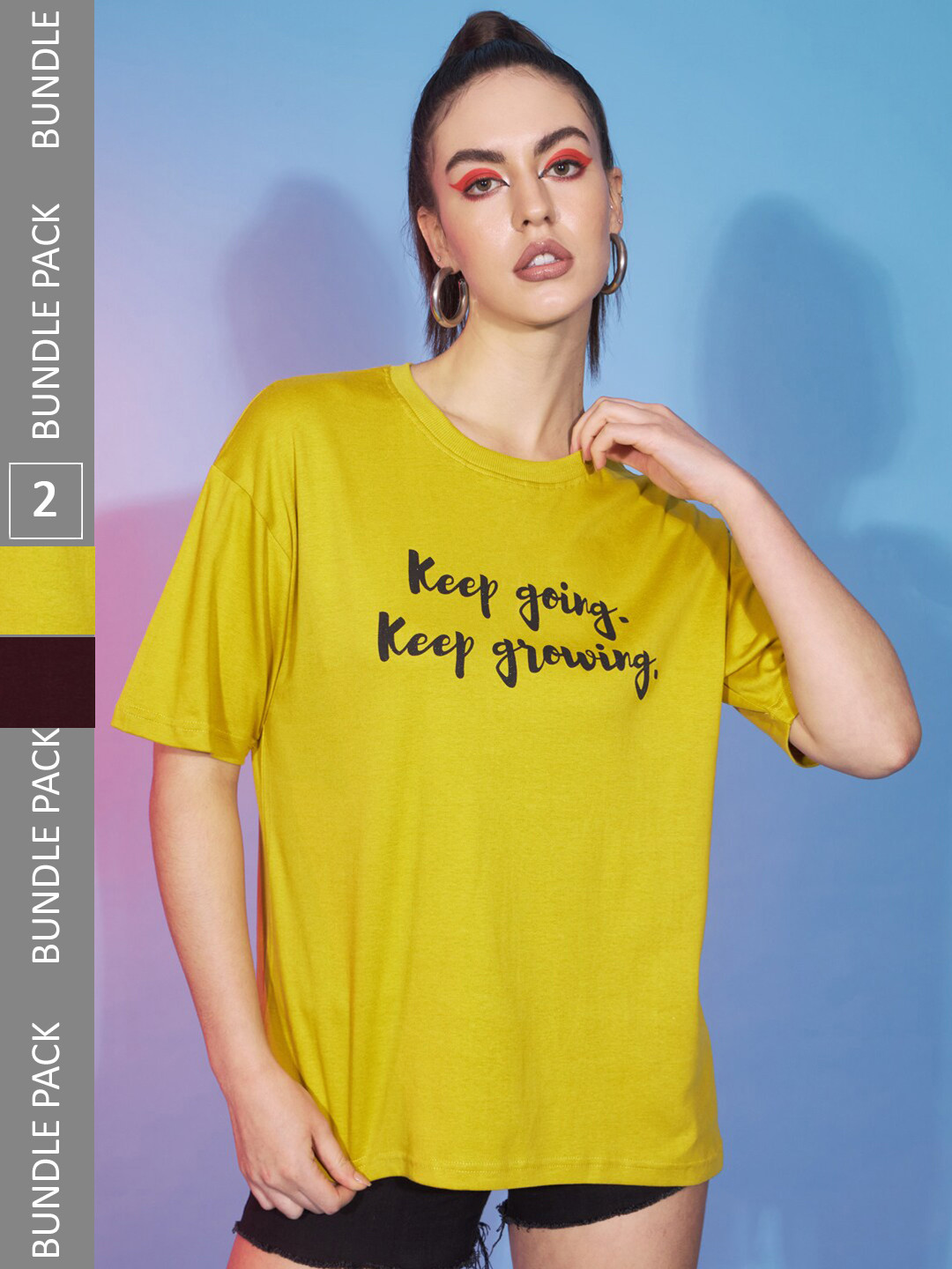 

GUTI Pack Of 2 Typography Printed Round Neck Short Sleeve Oversized Cotton T-Shirt, Yellow