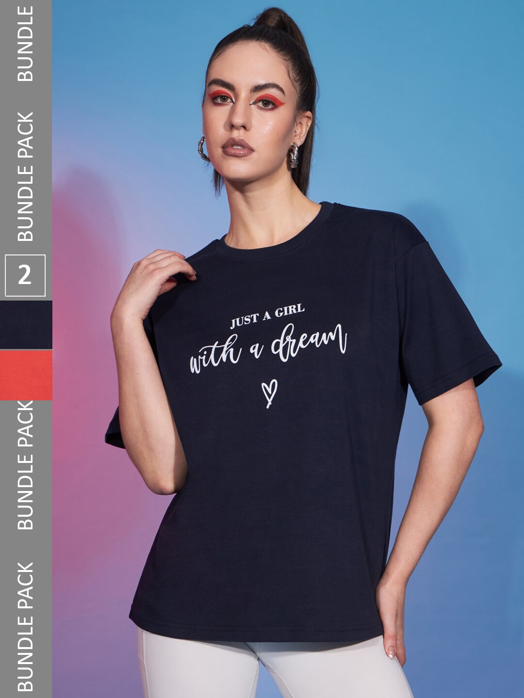 

GUTI Pack Of 2 Typography Printed Round Neck Short Sleeve Oversized Cotton T-Shirt, Navy blue