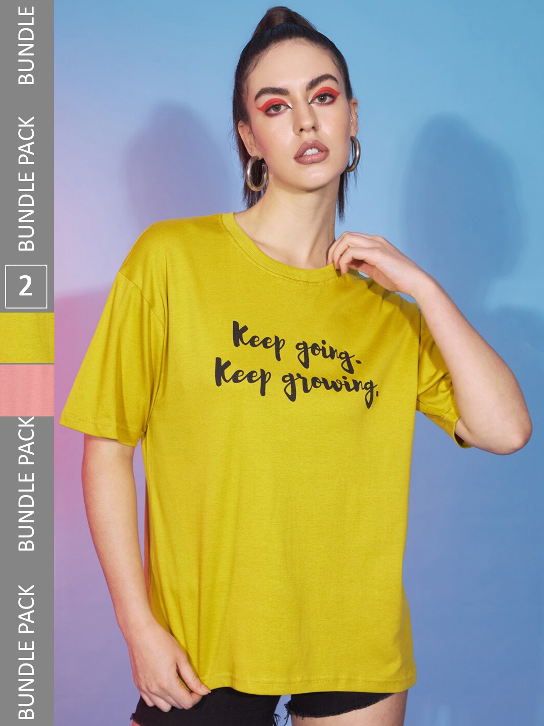 

GUTI Pack Of 2 Typography Printed Round Neck Short Sleeve Oversized Cotton T-Shirt, Yellow