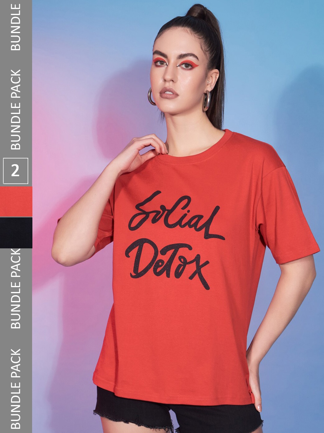 

GUTI Pack Of 2 Typography Printed Round Neck Short Sleeve Oversized Cotton T-Shirt, Black