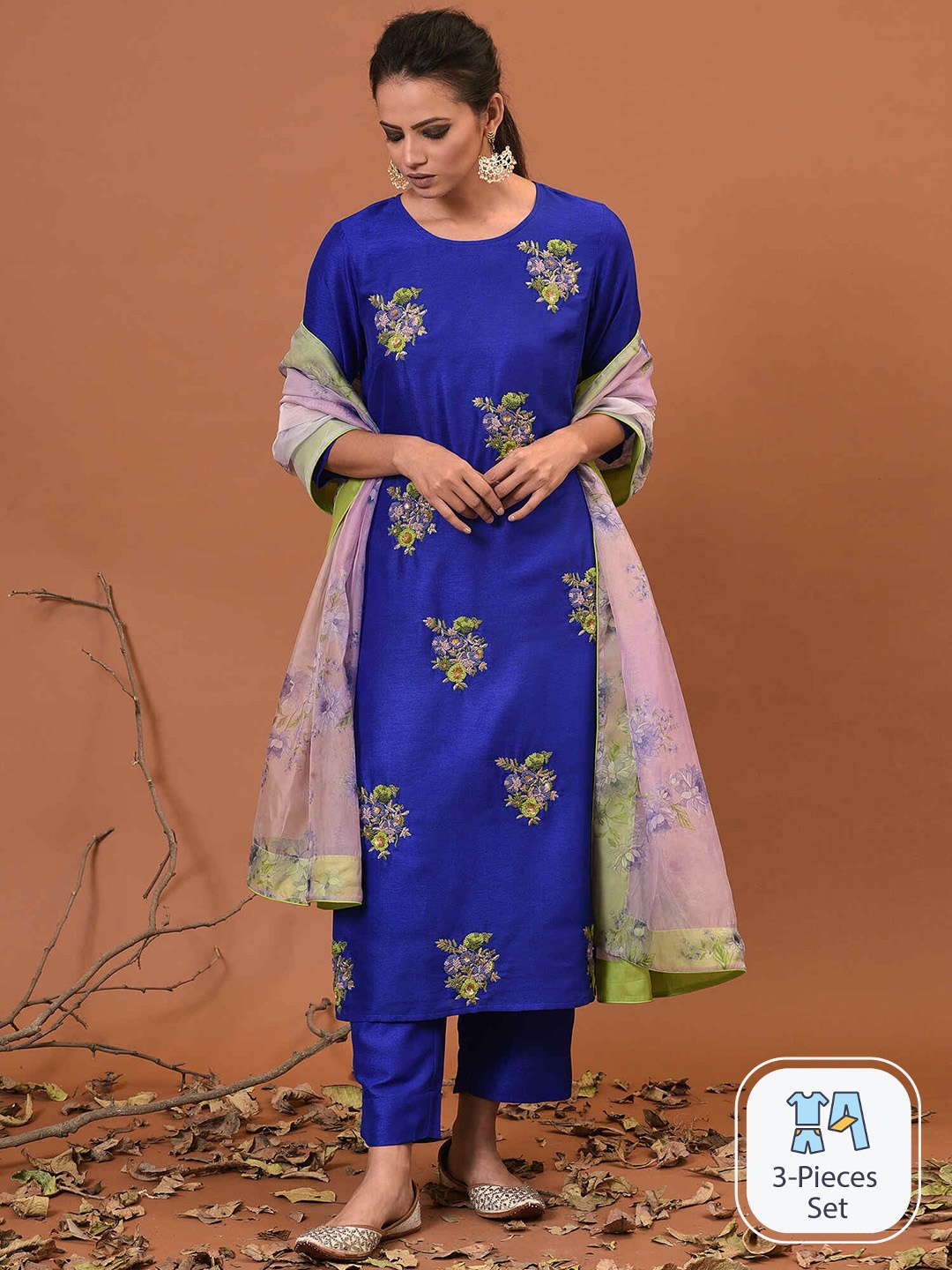 

NUHH Floral Embroidered Thread Work Kurta With Trousers & Dupatta, Blue