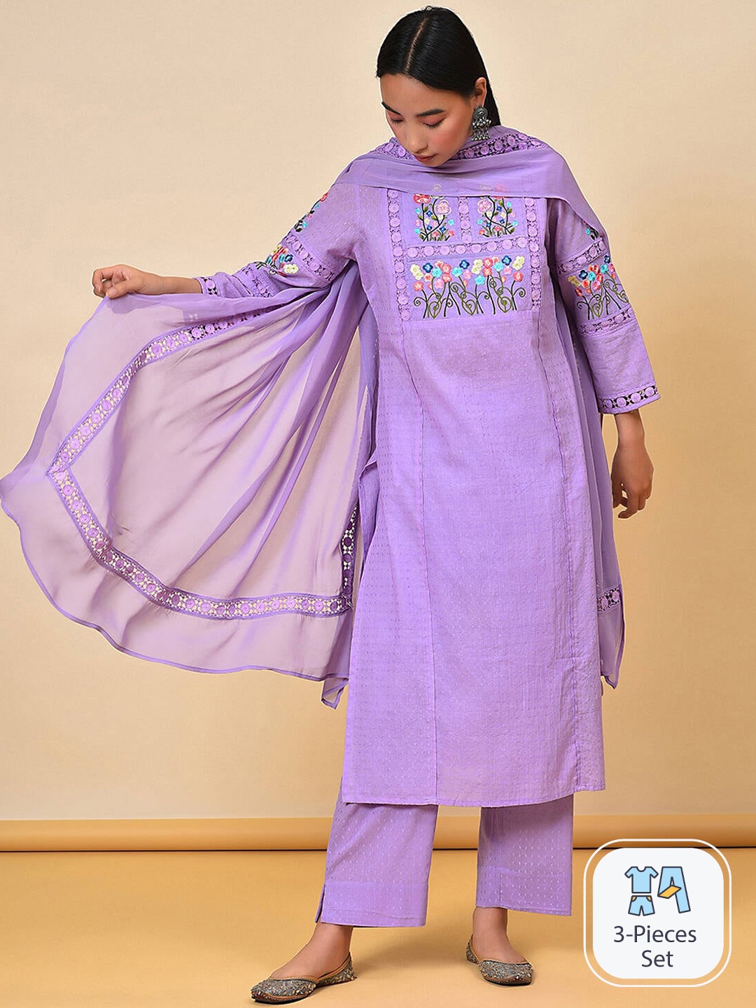 

NUHH Floral Yoke Design Thread Work Pure Cotton Kurta With Trousers & Dupatta, Purple