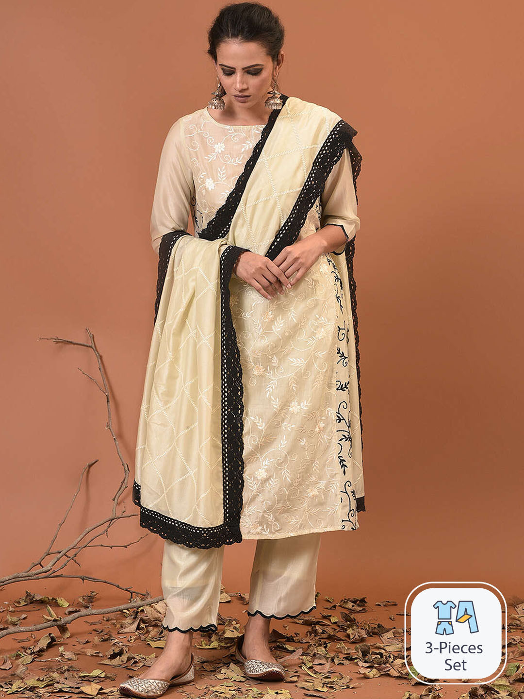 

NUHH Floral Embroidered Kurta & Trousers With Dupatta, Cream
