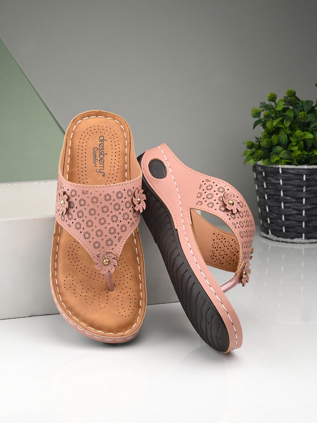 

DressBerry Pink Textured Comfort Open Toe Flats With Laser Cuts