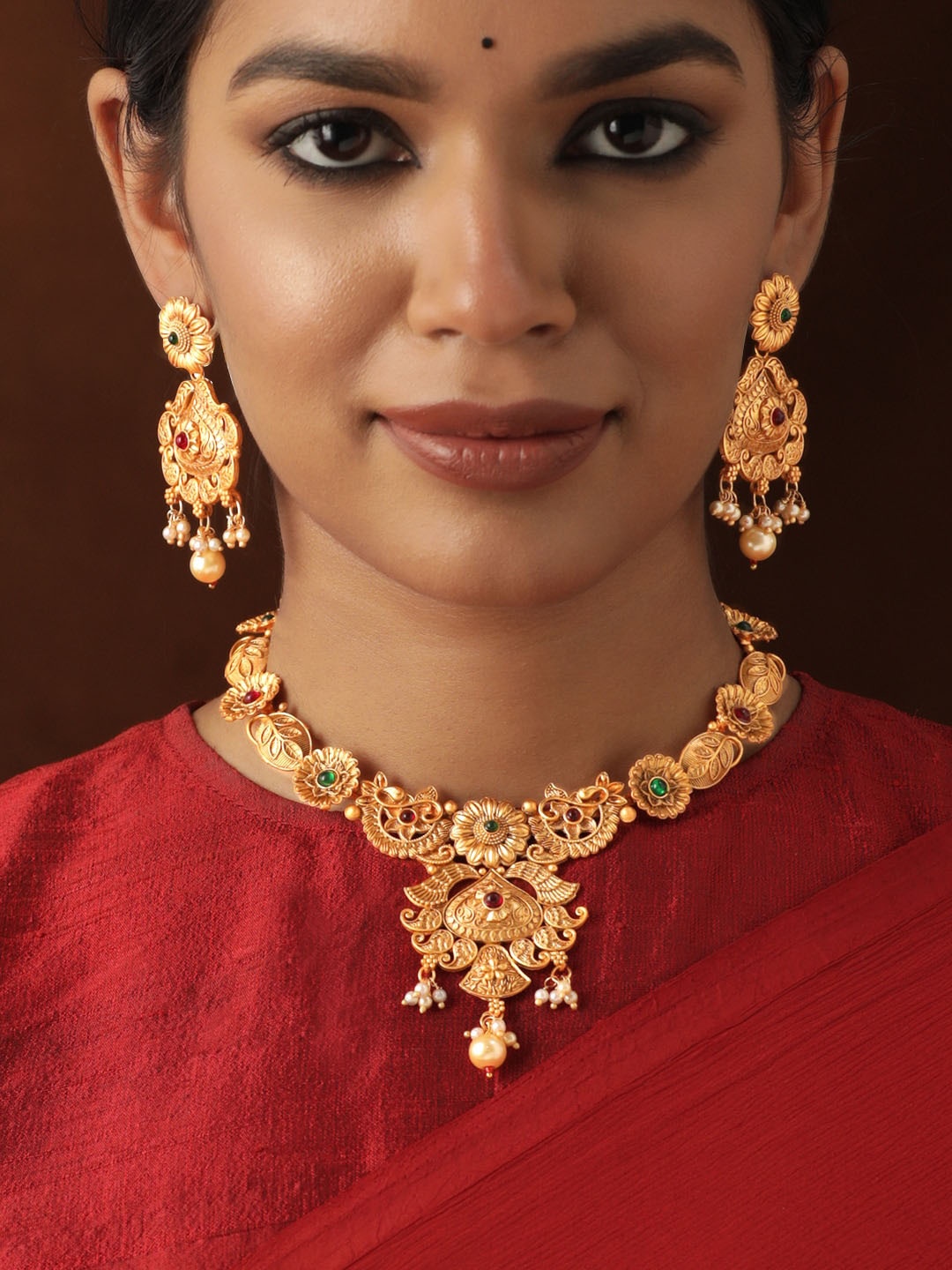 

Rubans Gold-Plated Stone-Studded & Pearls Beaded Necklace and Earrings