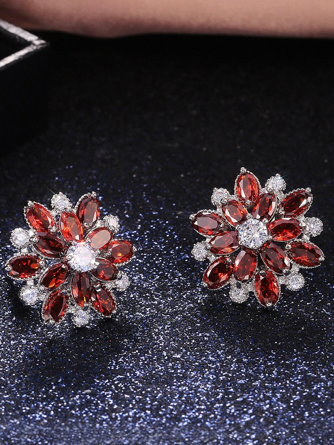 

Designs & You Silver Plated Floral Shaped Stud Earrings, Red