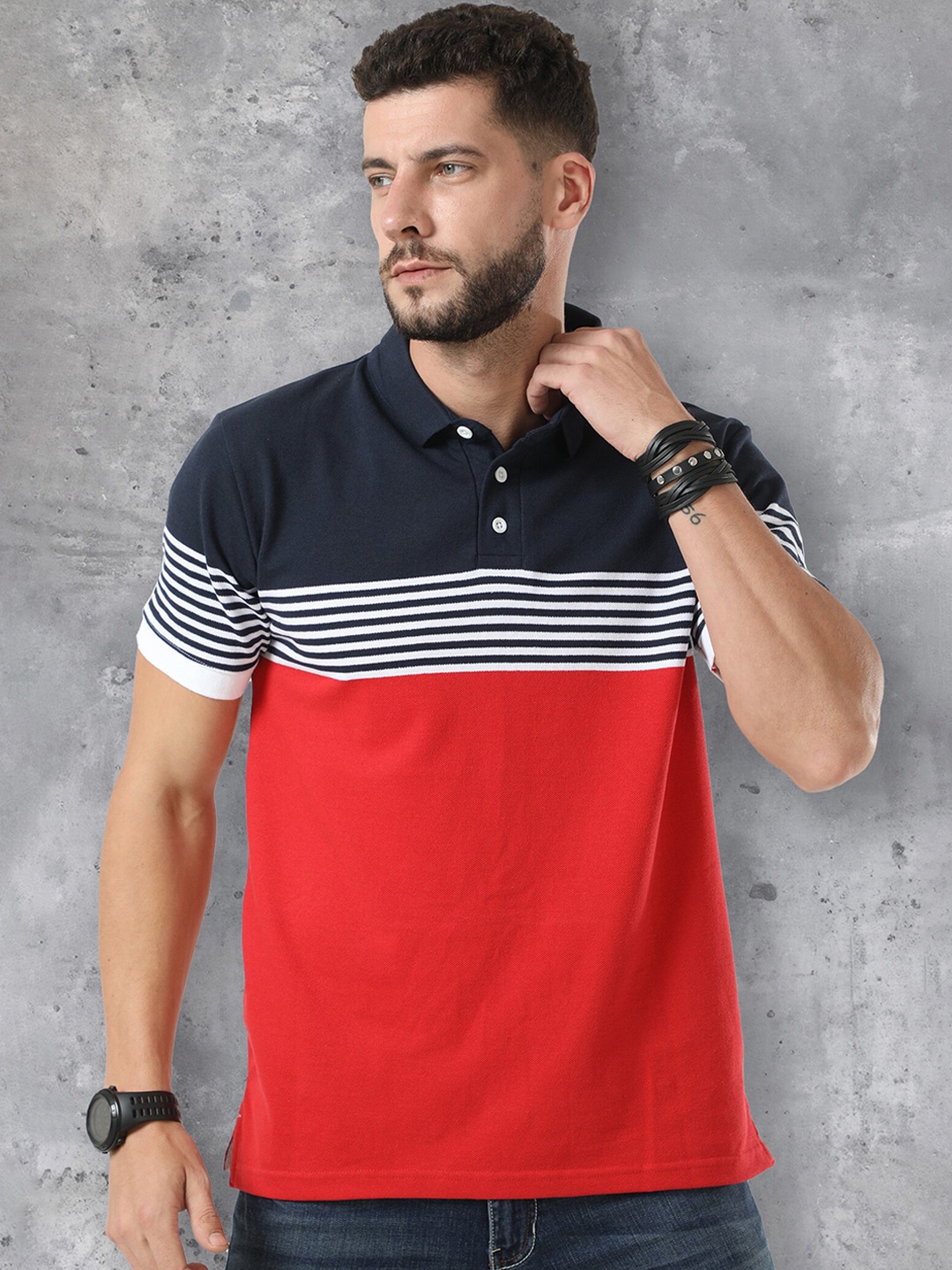 

fanideaz Colourblocked Polo Collar Cotton T-shirt, Red