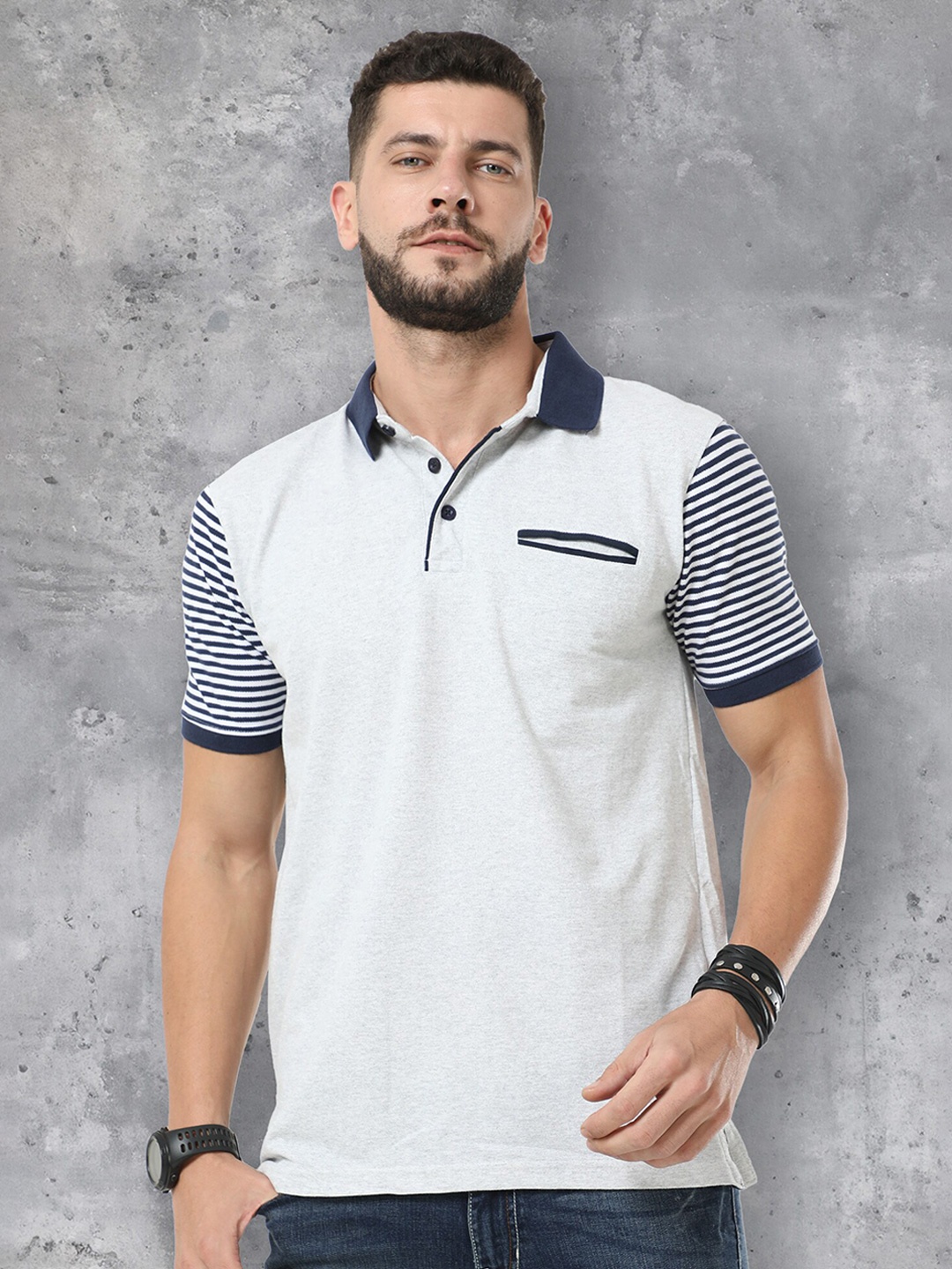 

fanideaz Colourblocked Polo Collar Pocket Cotton T-Shirt, Grey