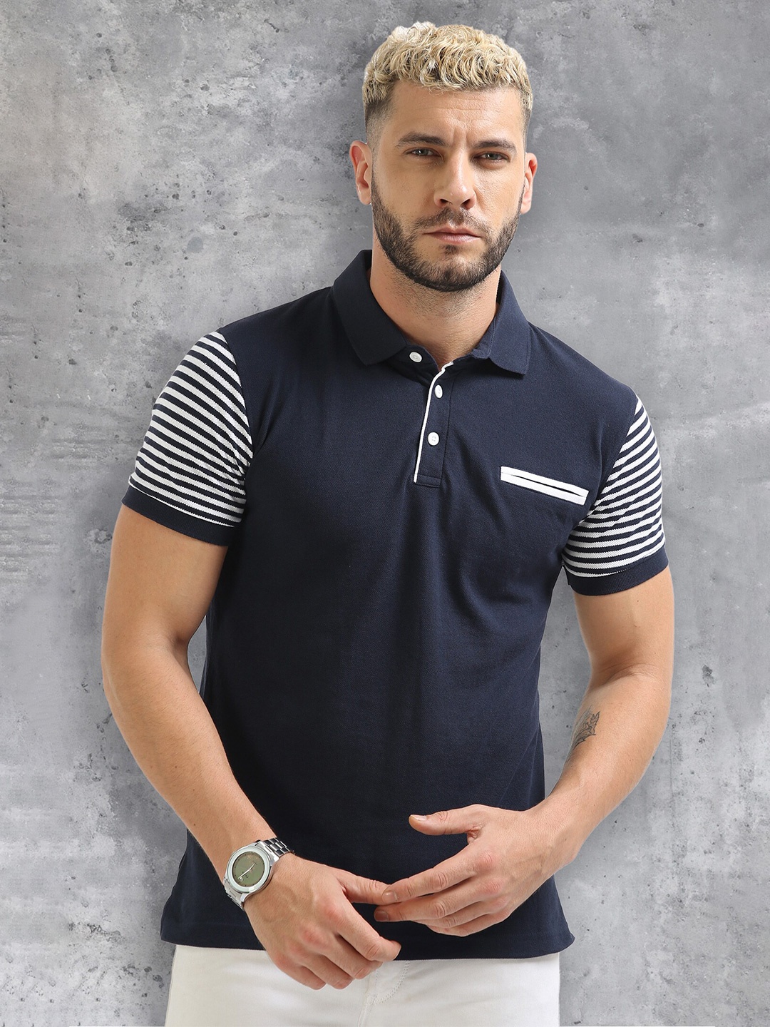

fanideaz Colourblocked Polo Collar Pocket Cotton T-Shirt, Navy blue