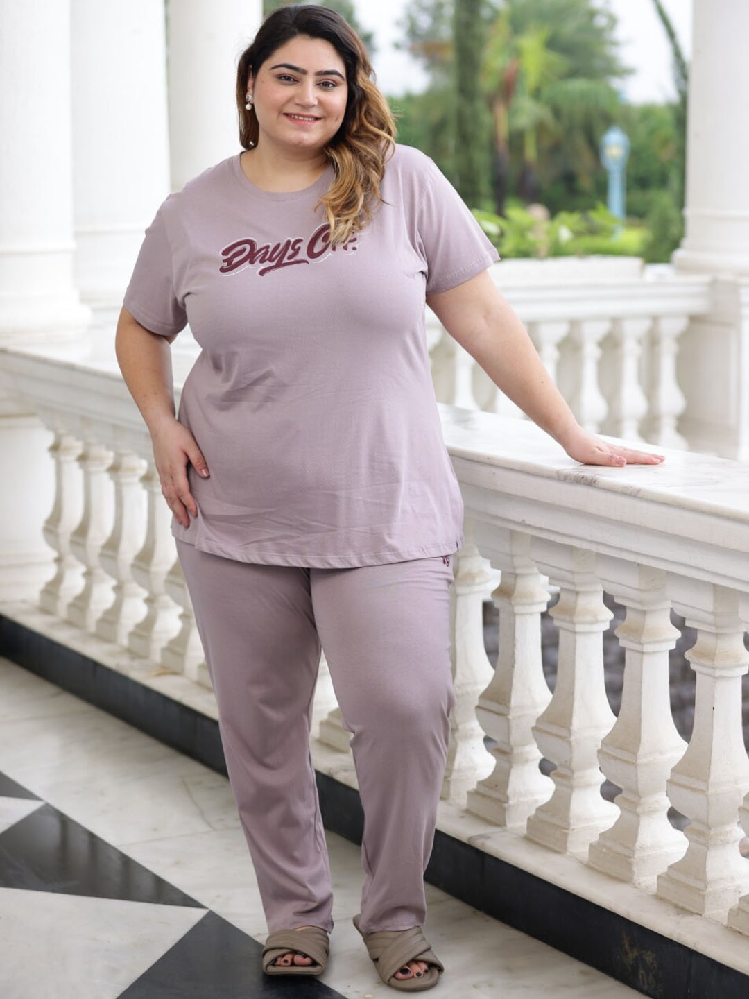 

TITTLI Plus Size Printed Pure Cotton Night Suit, Purple