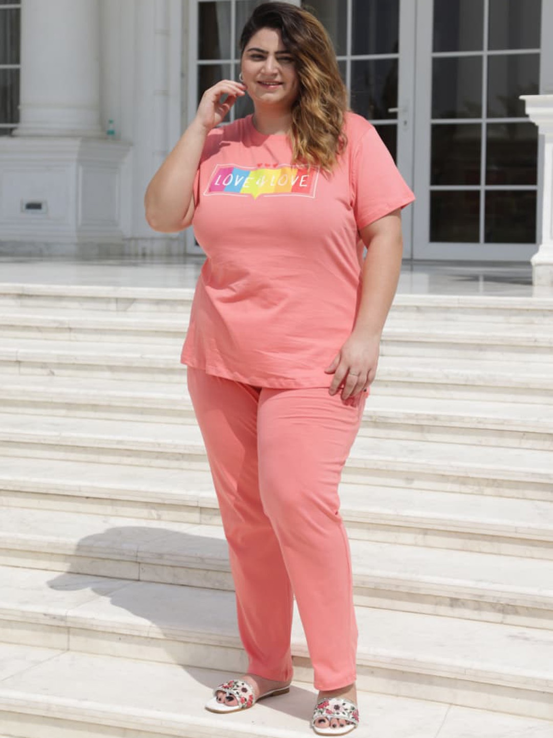 

TITTLI Plus Size Printed Pure Cotton Night Suit, Peach